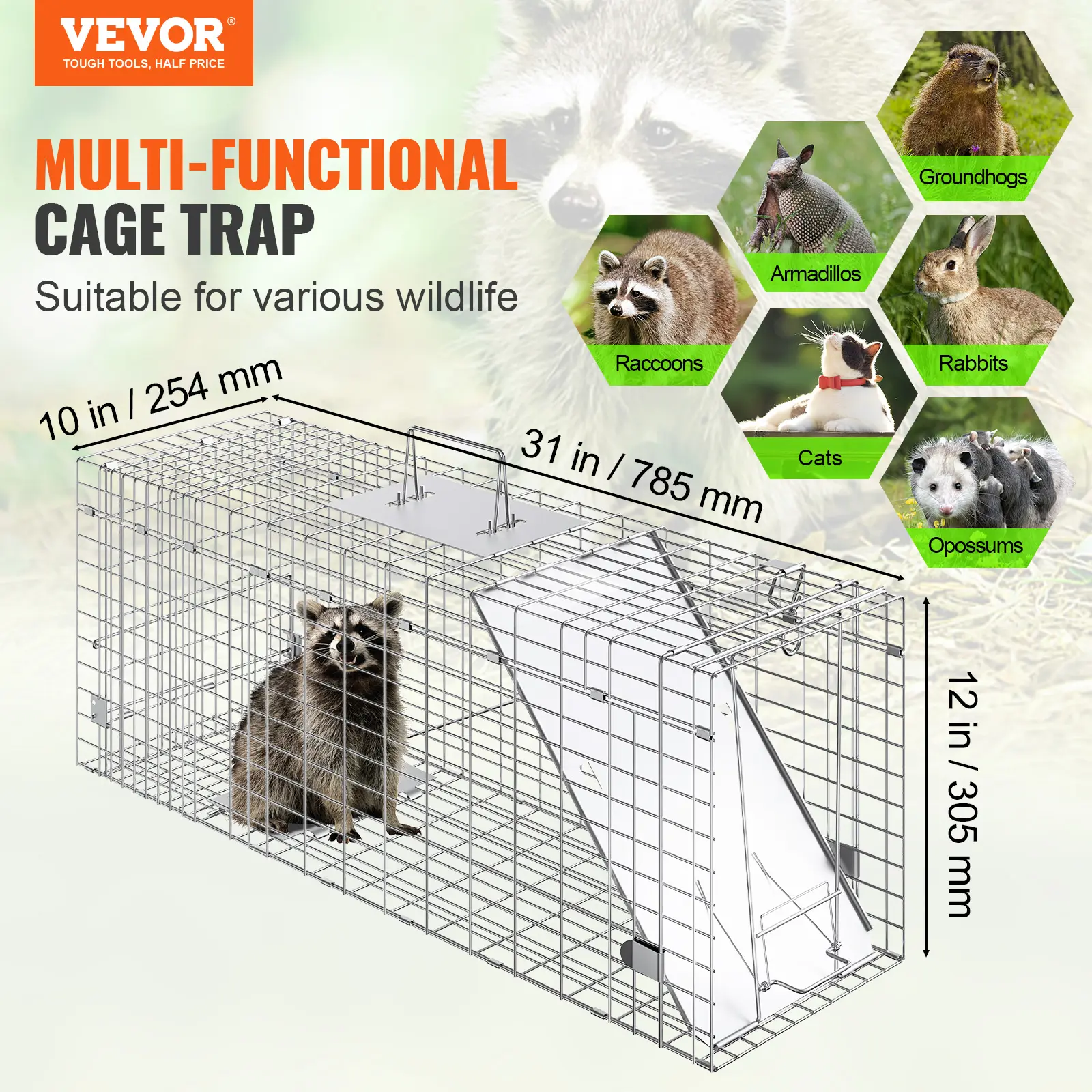 VEVOR Live Animal Cage Trap Humane Cat Trap Galvanized Iron Folding Animal Trap with Handle for Rabbits Stray Cats Squirrels