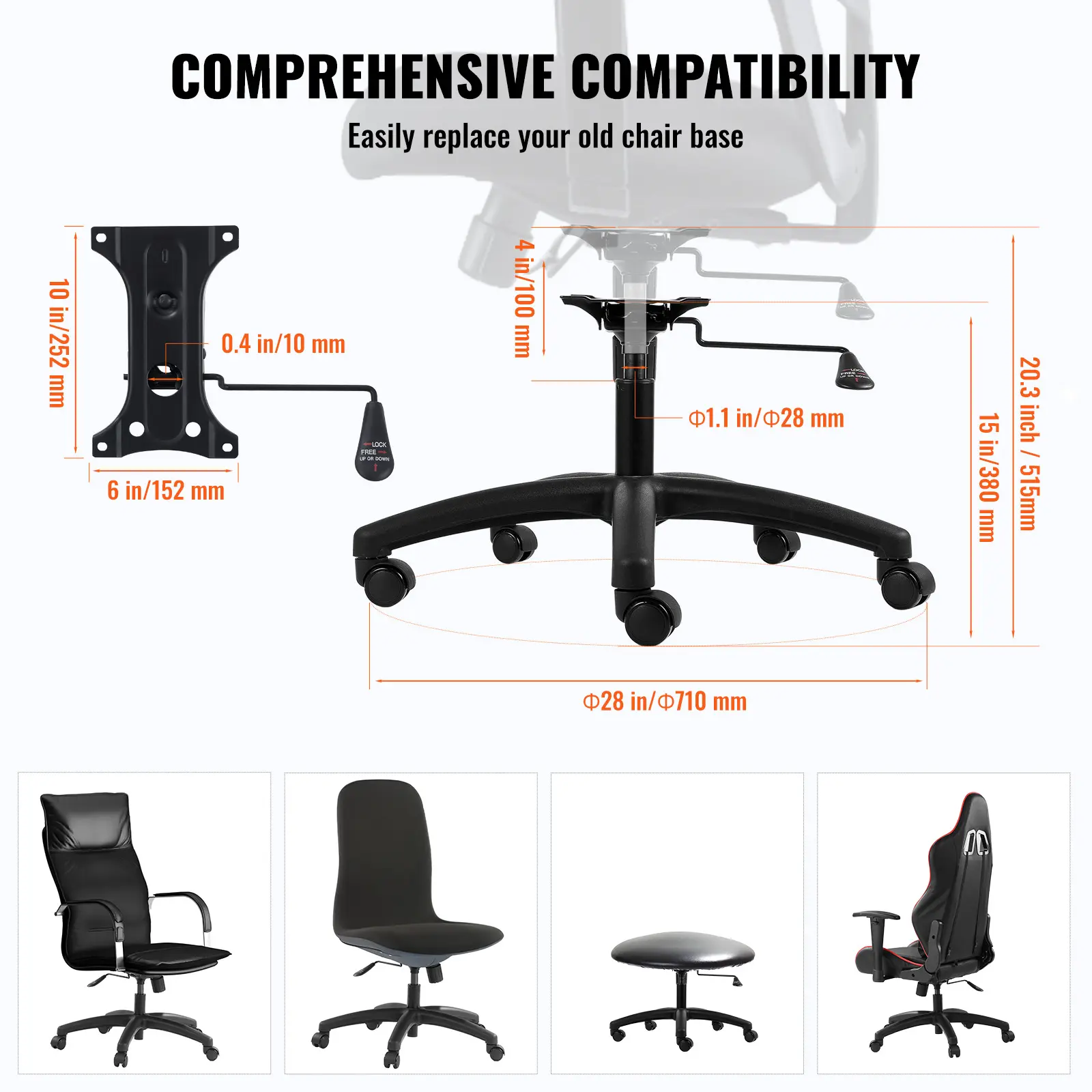 SucceBuy Office Chair Base Replacement 28" 2500 lbs Static Universal Computer Desk Chair Stool Desk Chair Base Replacement Black