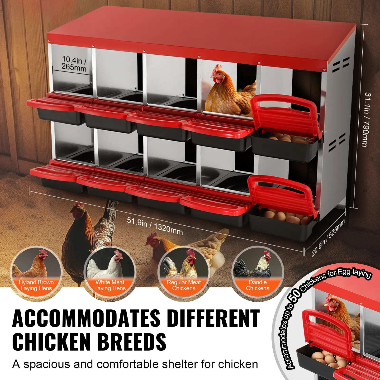 SucceBuy Chicken Nest Box 30 to 45 in Stable & Corrosion-Resistant Mental Nesting Boxes with Inclined Nesting Boxes Bottom Holes