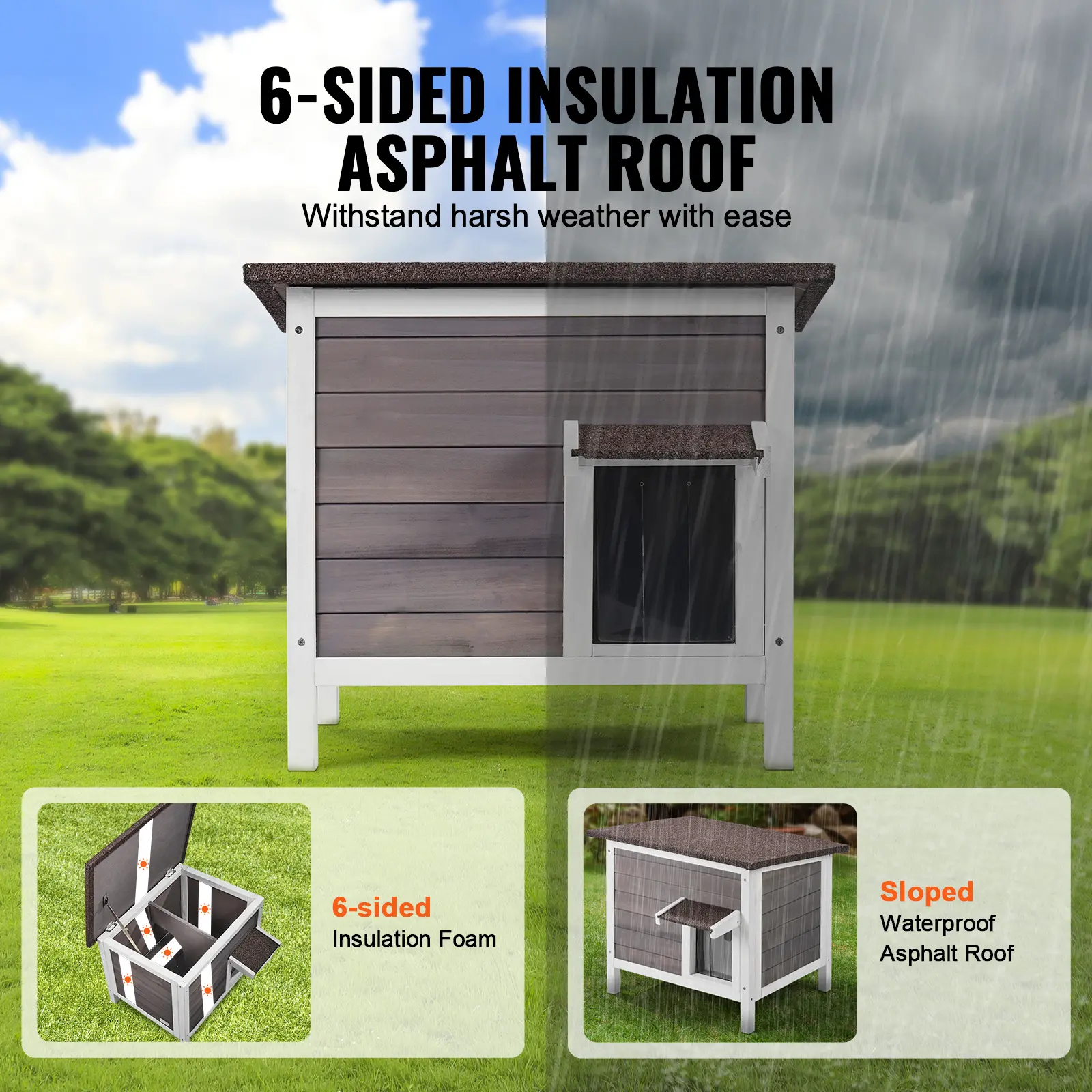 SucceBuy Outdoor Cat House Weatherproof, Feral Cat Shelter for Cat Outdoor Wooden Cat Rabbit House with All-Round Foam Insulated
