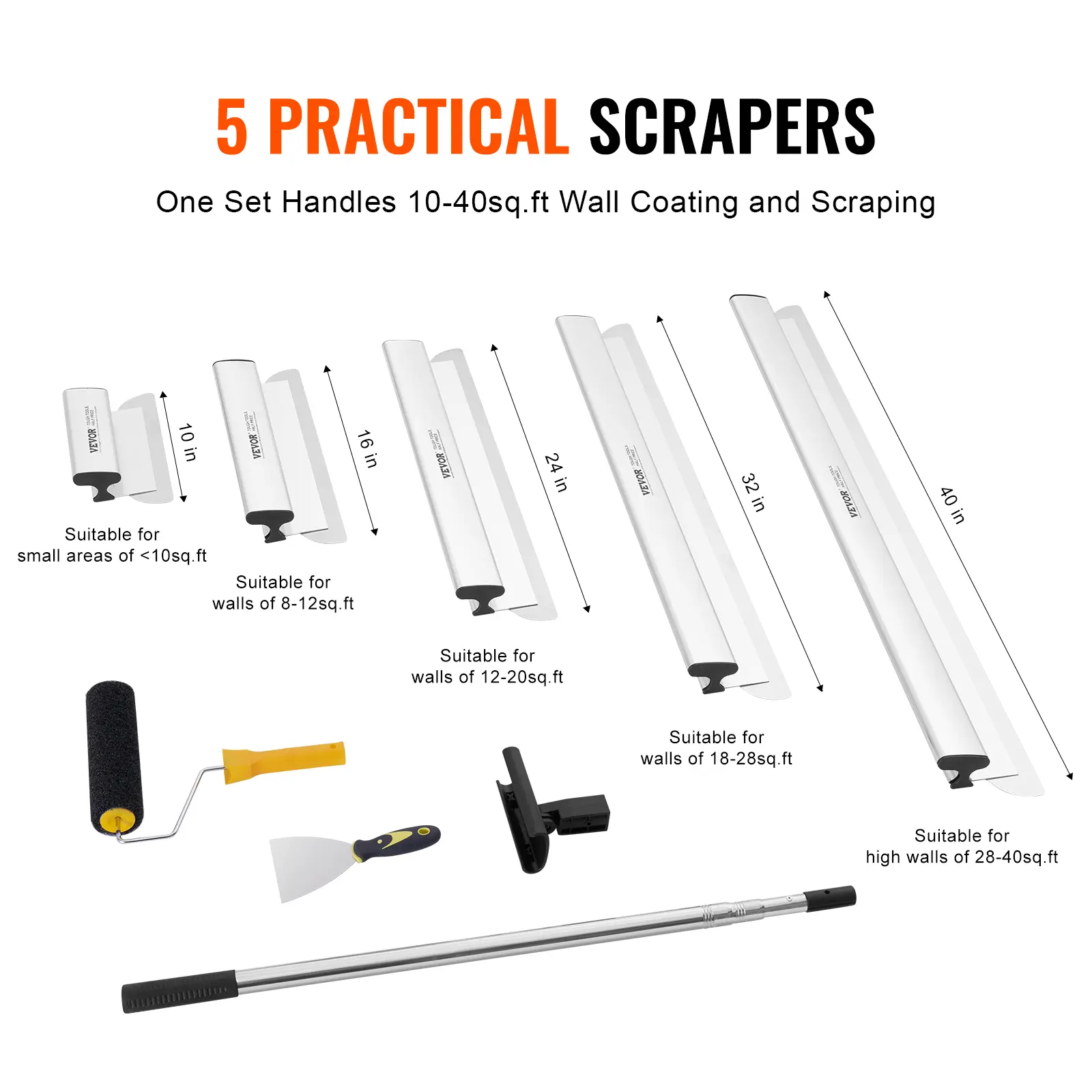 SucceBuy Drywall Skimming Blade Set 10/16/24/32/40 inch Skimming Blades + 34-81.6 in Extension Handle Pole Stainless Steel Knife