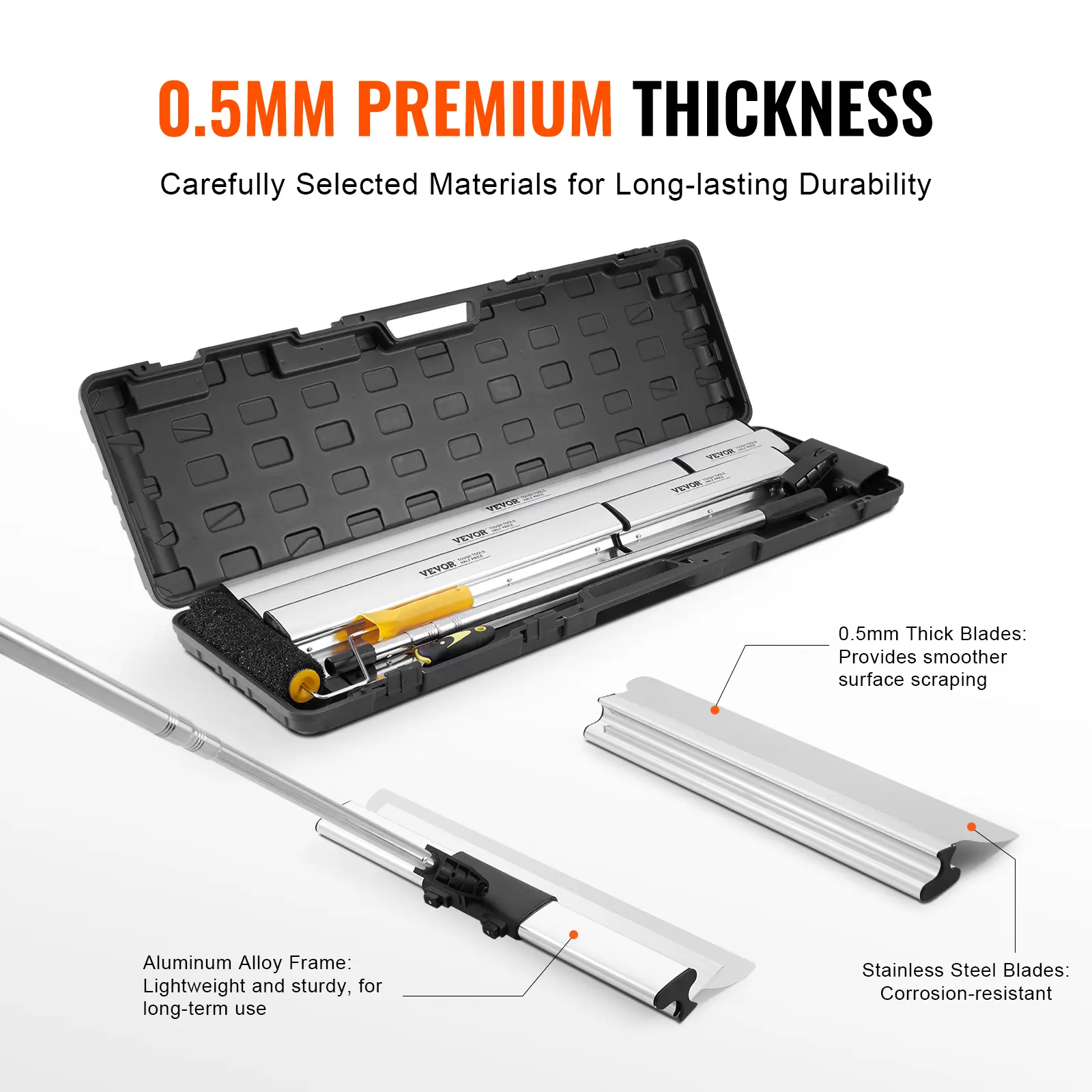 SucceBuy Drywall Skimming Blade Set 10/16/24/32/40 inch Skimming Blades + 34-81.6 in Extension Handle Pole Stainless Steel Knife