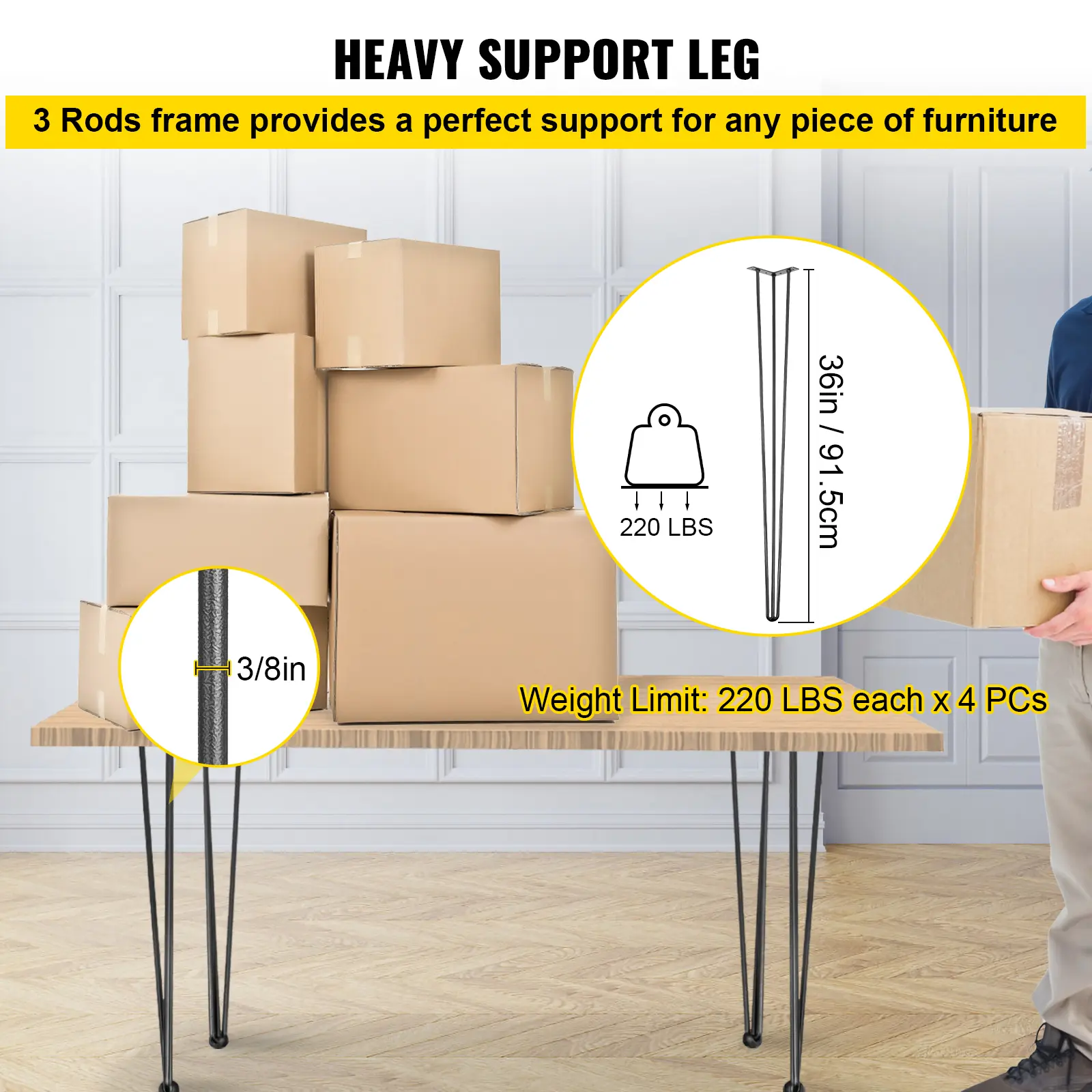 SucceBuy Hairpin Table Legs Black Set of 4 Desk Legs 3 Rods for Bench Desk Dining Chairs Carbon Steel DIY Heavy Duty Furniture