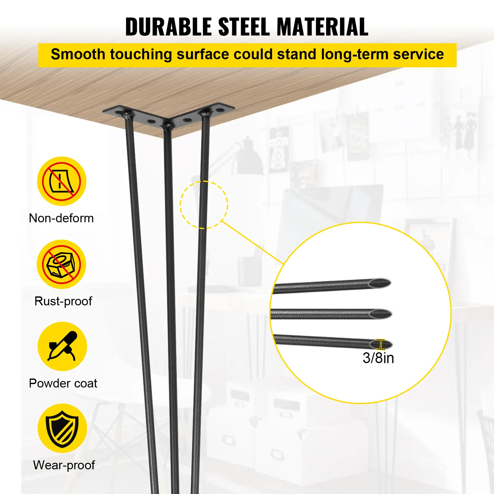 SucceBuy Hairpin Table Legs Black Set of 4 Desk Legs 3 Rods for Bench Desk Dining Chairs Carbon Steel DIY Heavy Duty Furniture