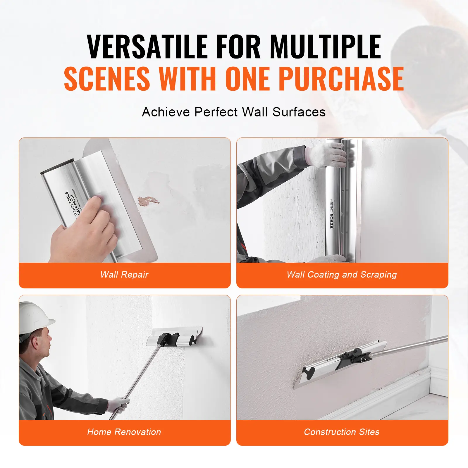 SucceBuy Drywall Skimming Blade Set 10/16/24/32/40 inch Skimming Blades + 34-81.6 in Extension Handle Pole Stainless Steel Knife