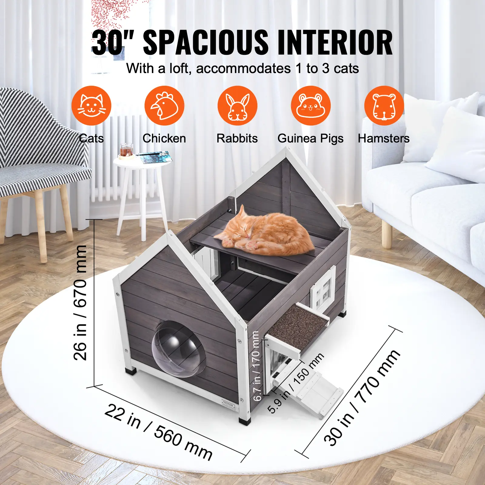 SucceBuy Outdoor Cat House 22"x30"x26" Weatherproof Feral Cat Shelter for Multiple Cats Outdoor Wooden Cat House with Side Door