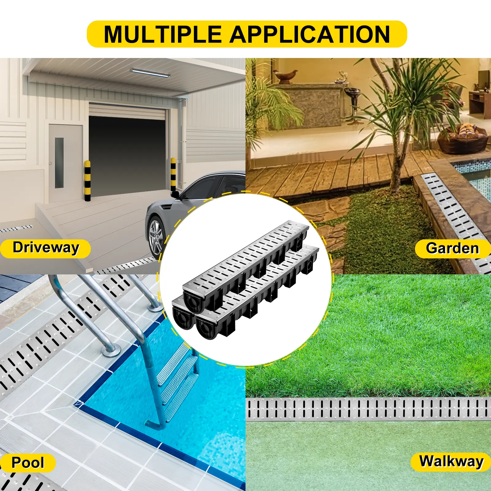SucceBuy 3/5 Pcs Floor Trench Drain Driveway Channel Drainage Stainless Steel HDPE Bathroom Shower Long Drainage Floor  Cover