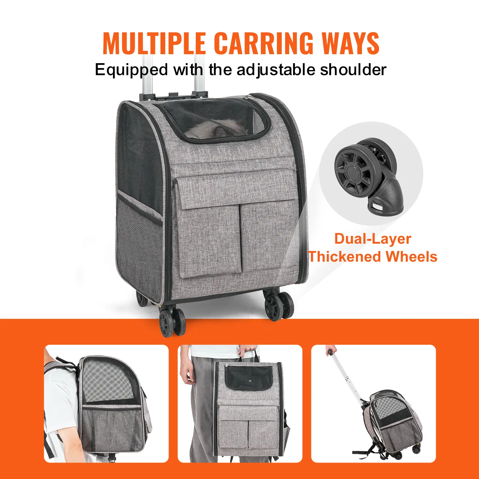 SucceBuy Pet Cat Carrier Breathable Outgoing Dog Carry Backpack with Telescopic Handle Wheels and Shoulder Strap for Travel Trip