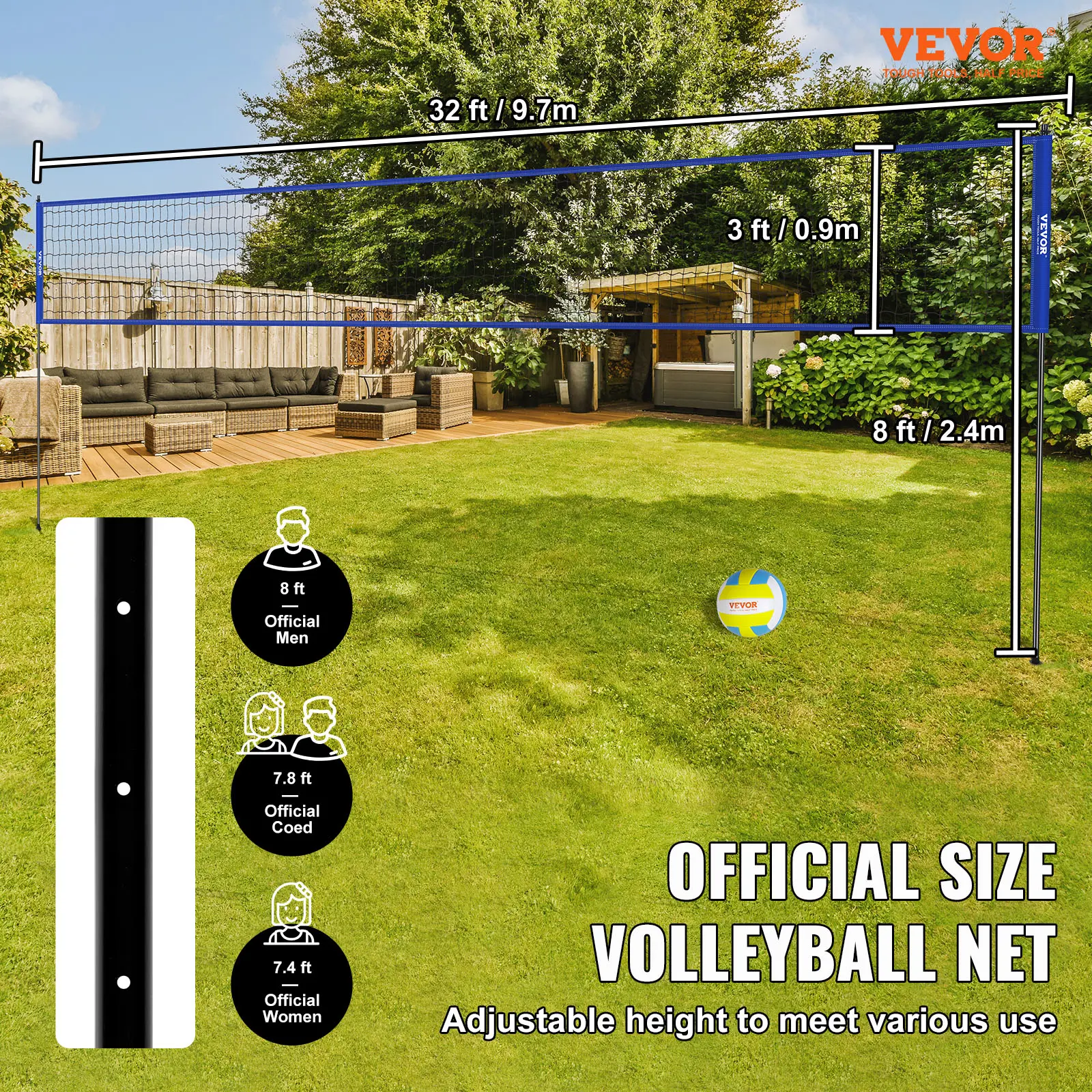 SucceBuy Outdoor Volleyball Net System Adjustable Height Steel Poles with PVC Volleyball Pump Carrying Bag for Beach Lawn
