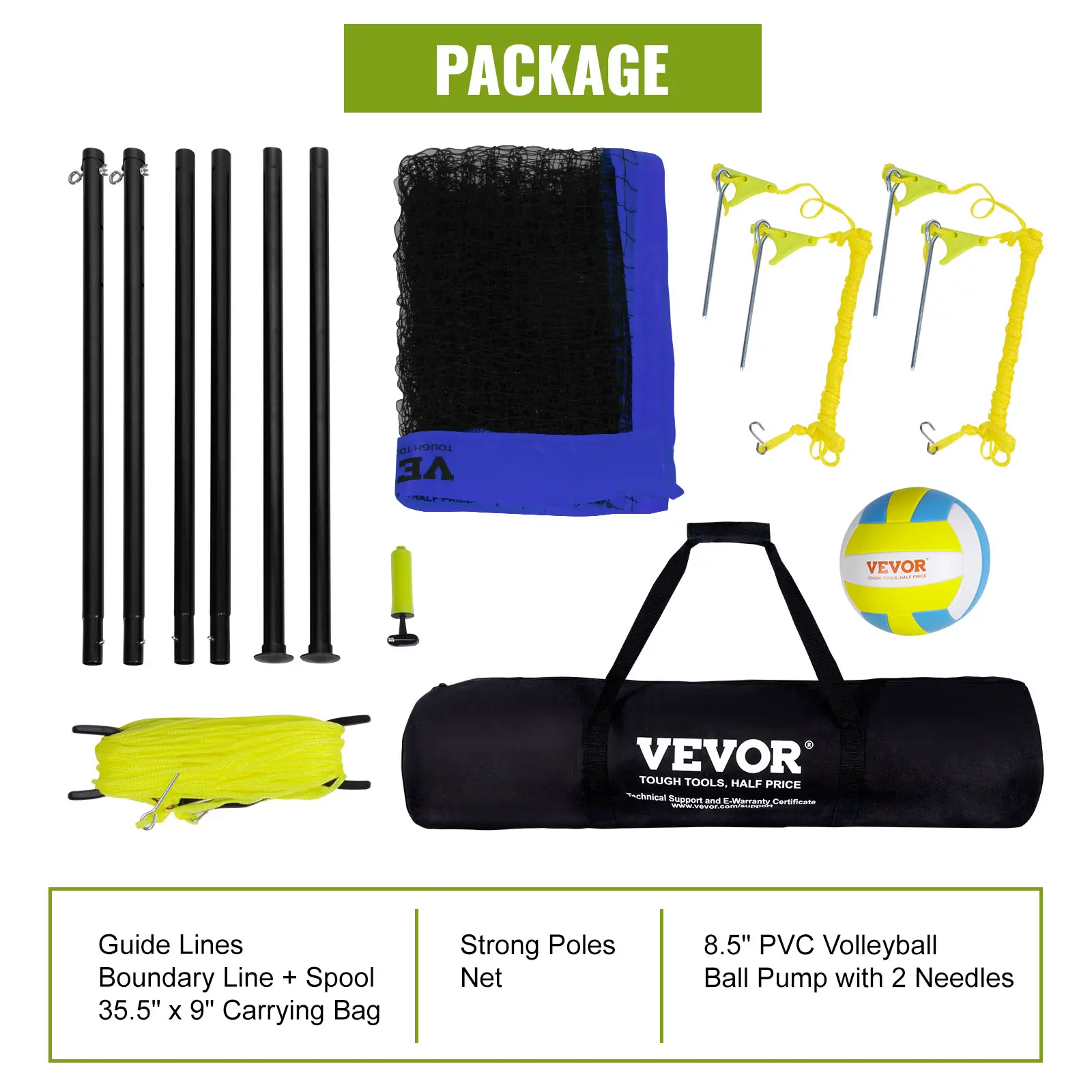 SucceBuy Outdoor Volleyball Net System Adjustable Height Steel Poles with PVC Volleyball Pump Carrying Bag for Beach Lawn