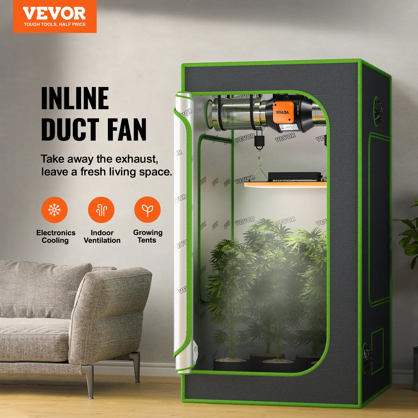 SucceBuy Inline Duct Fan Quiet EC-motor Ventilation Exhaust with Temperature Humidity Controller for Cooling Booster Grow Tents