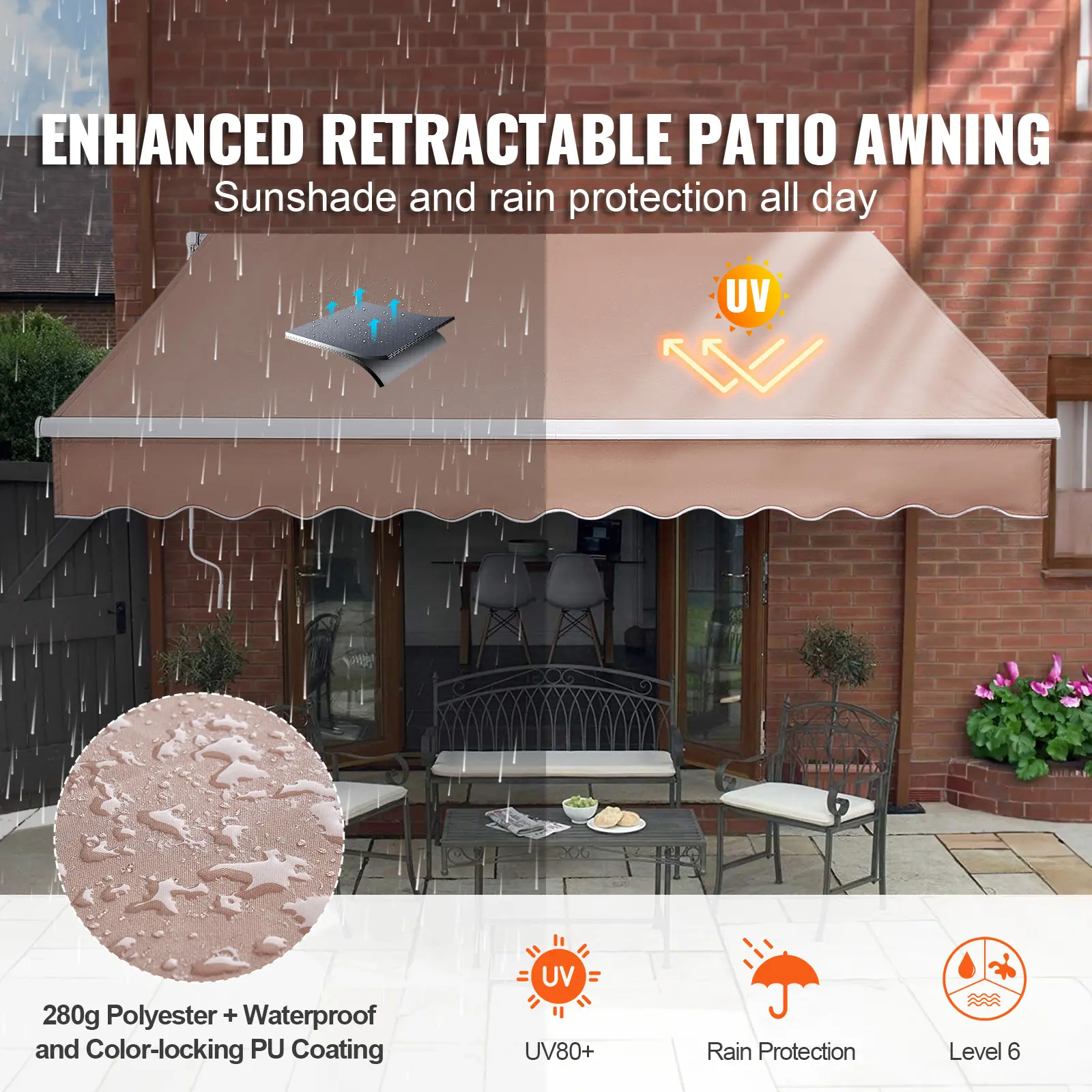 SucceBuy Manual Retractable Awning Outdoor Awning Retractable Sun Shade Water-Resistant Polyester Patio Door Window for Backyard