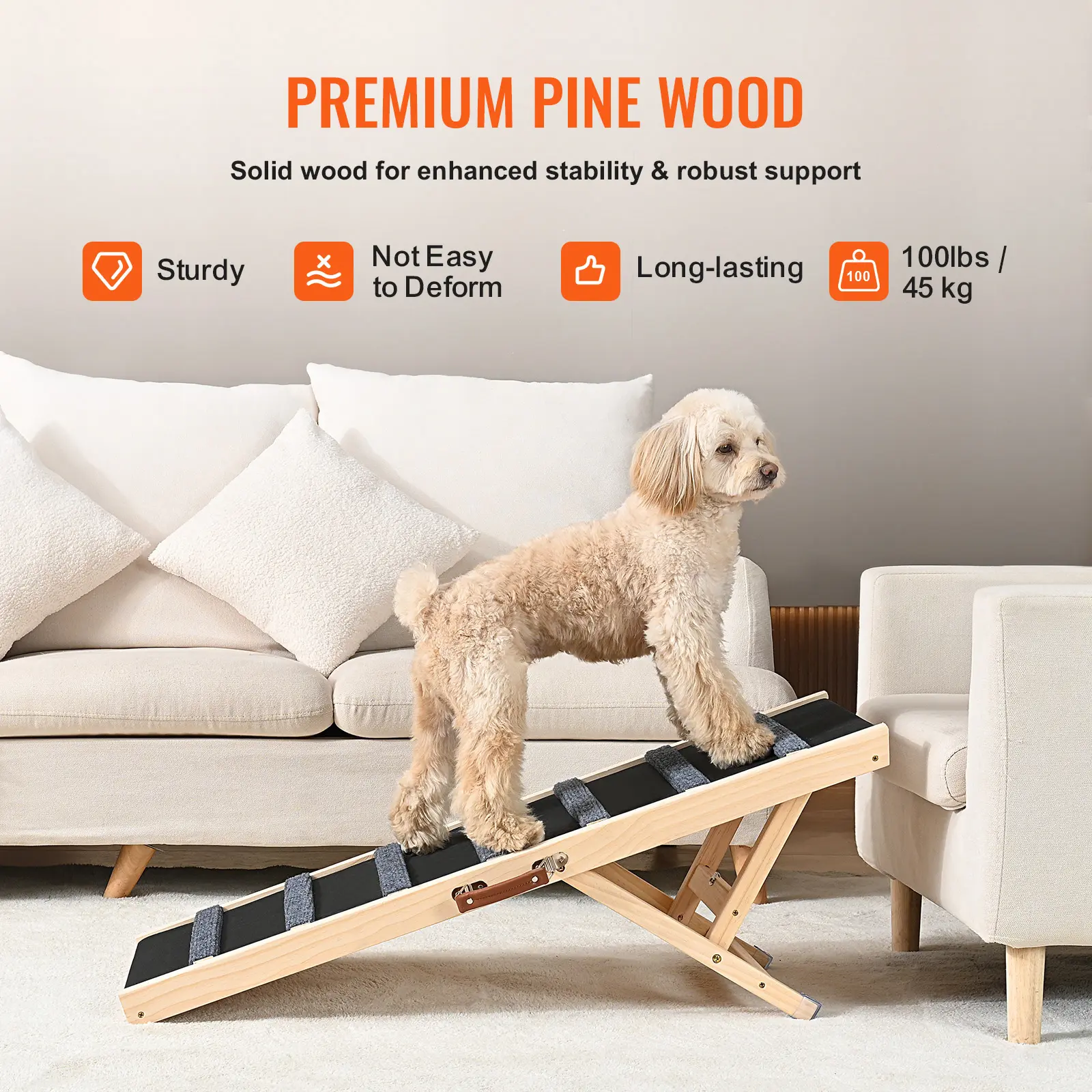 SucceBuy Dog Ramp Folding Ladder Anti-slip High Adjustable Wooden Pet Ramp Removable for Small Old Dog Climb Stairs Sofa Car Bed