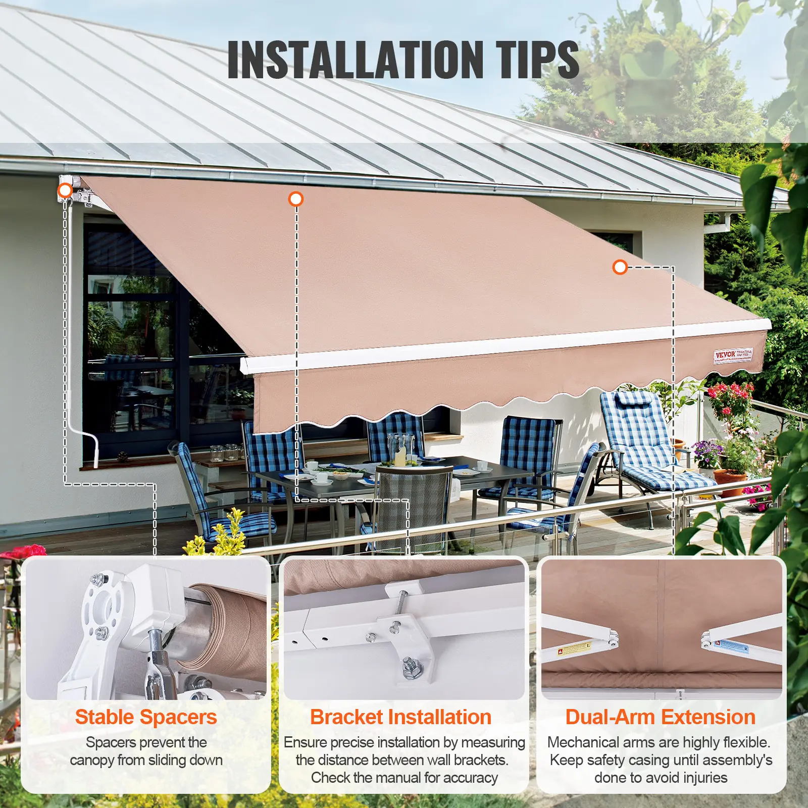 SucceBuy Manual Retractable Awning Outdoor Awning Retractable Sun Shade Water-Resistant Polyester Patio Door Window for Backyard