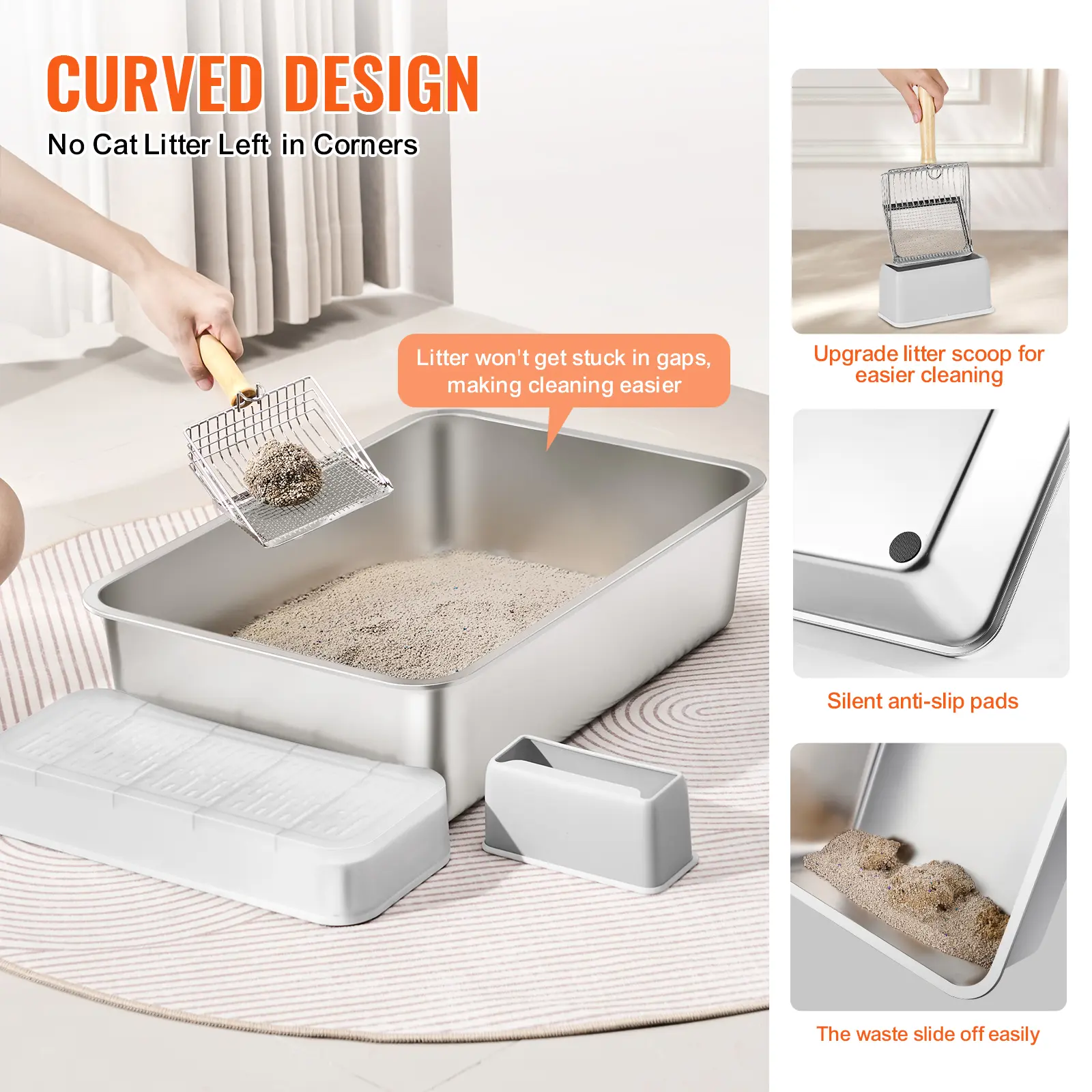 SucceBuy Cat Litter Box Large Stainless Steel Enclosed Odor-Free Cat Litter Box with Scoop Wide Filtering Foot Board for Cats