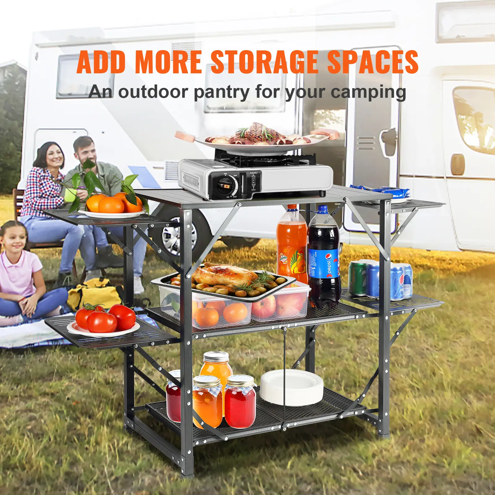 SucceBuy Camping Kitchen Table One-piece Folding Portable Cook Station Aluminum Camping Folding Table for Outdoor Picnics BBQ