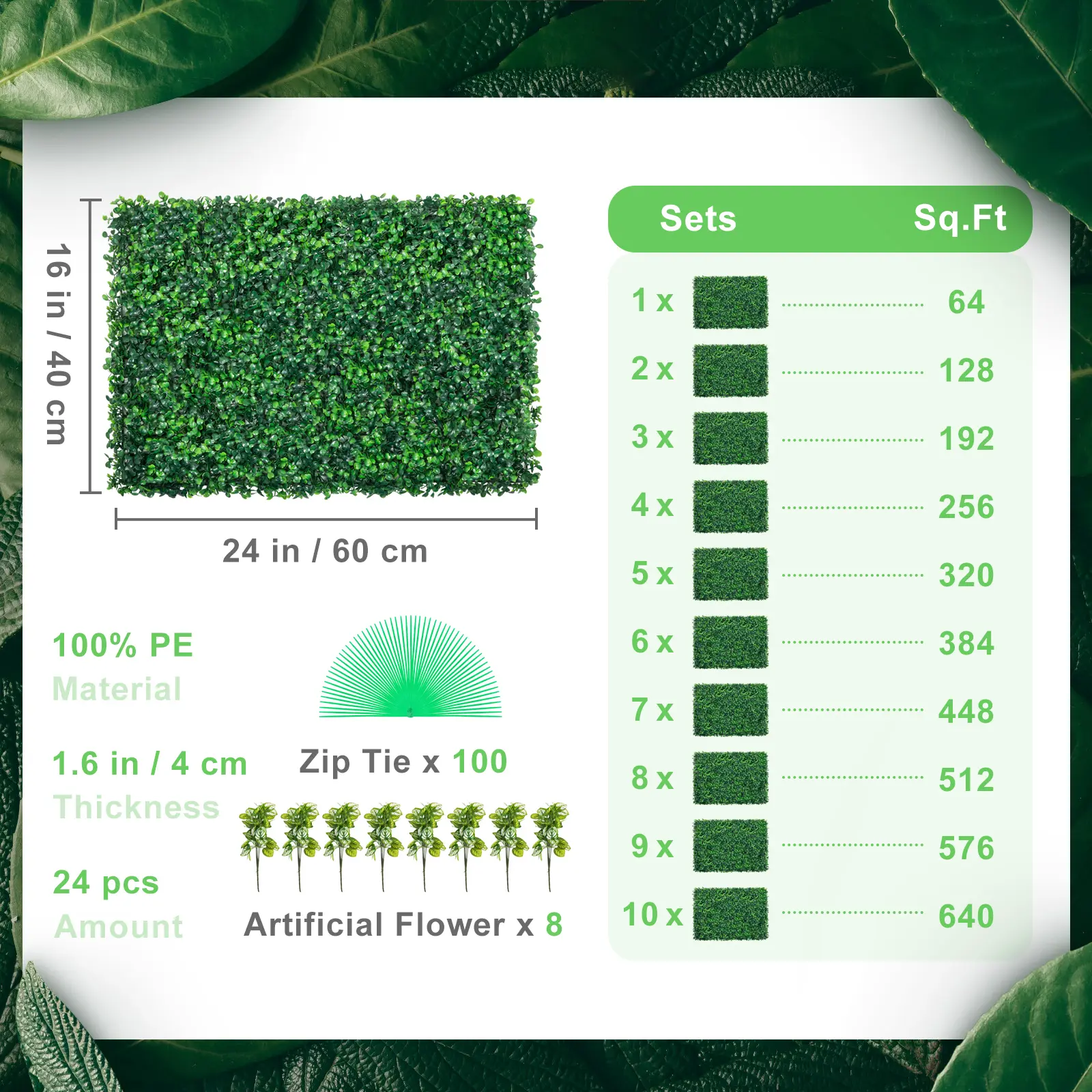 SucceBuy Artificial Boxwood Panel UV 24pcs 20x20/24x16 in Boxwood Hedge Wall Panels Artificial Grass Backdrop Wall Green Grass
