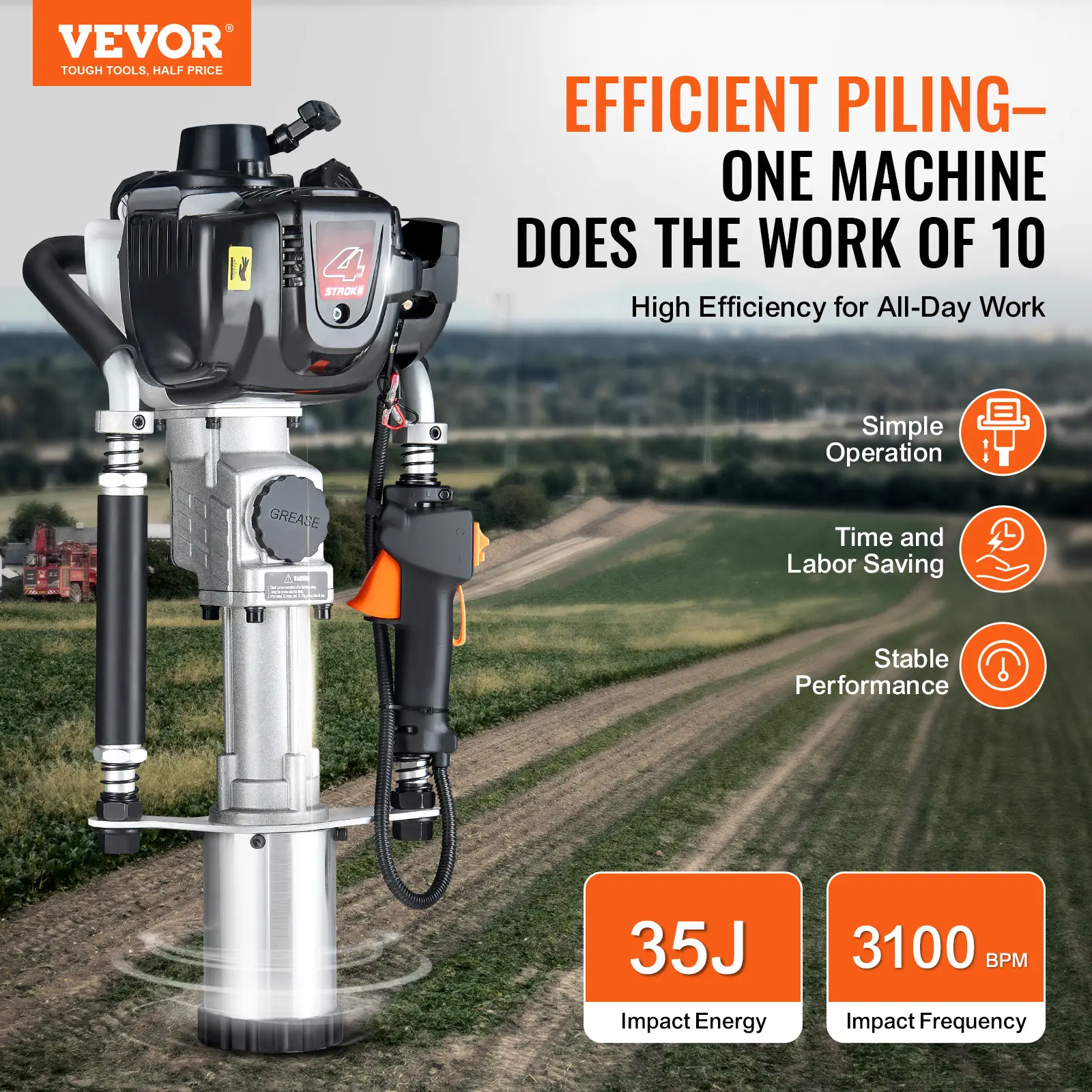 SucceBuy 37.77cc Gas-Powered T Post Driver 4-Stroke Engine Gasoline Fence Piling Pounder with 3 Post Driving Head(45/55/88 mm)
