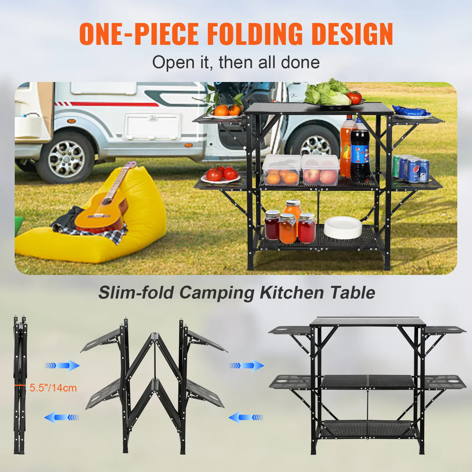 SucceBuy Camping Kitchen Table One-piece Folding Portable Cook Station Aluminum Camping Folding Table for Outdoor Picnics BBQ