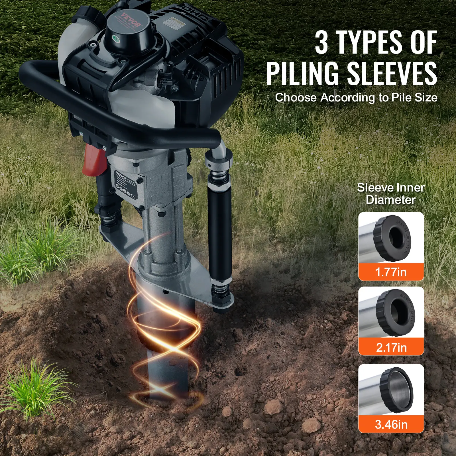 SucceBuy 37.77cc Gas-Powered T Post Driver 4-Stroke Engine Gasoline Fence Piling Pounder with 3 Post Driving Head(45/55/88 mm)