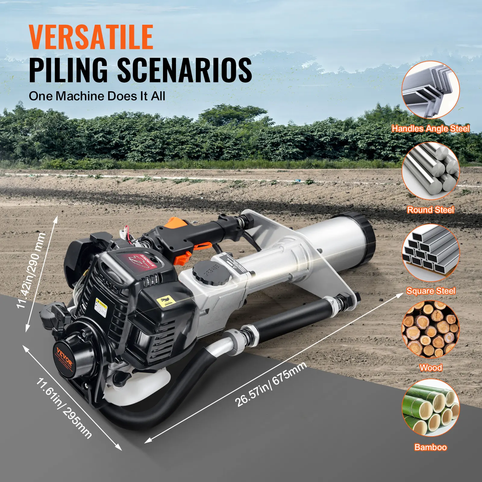 SucceBuy 37.77cc Gas-Powered T Post Driver 4-Stroke Engine Gasoline Fence Piling Pounder with 3 Post Driving Head(45/55/88 mm)