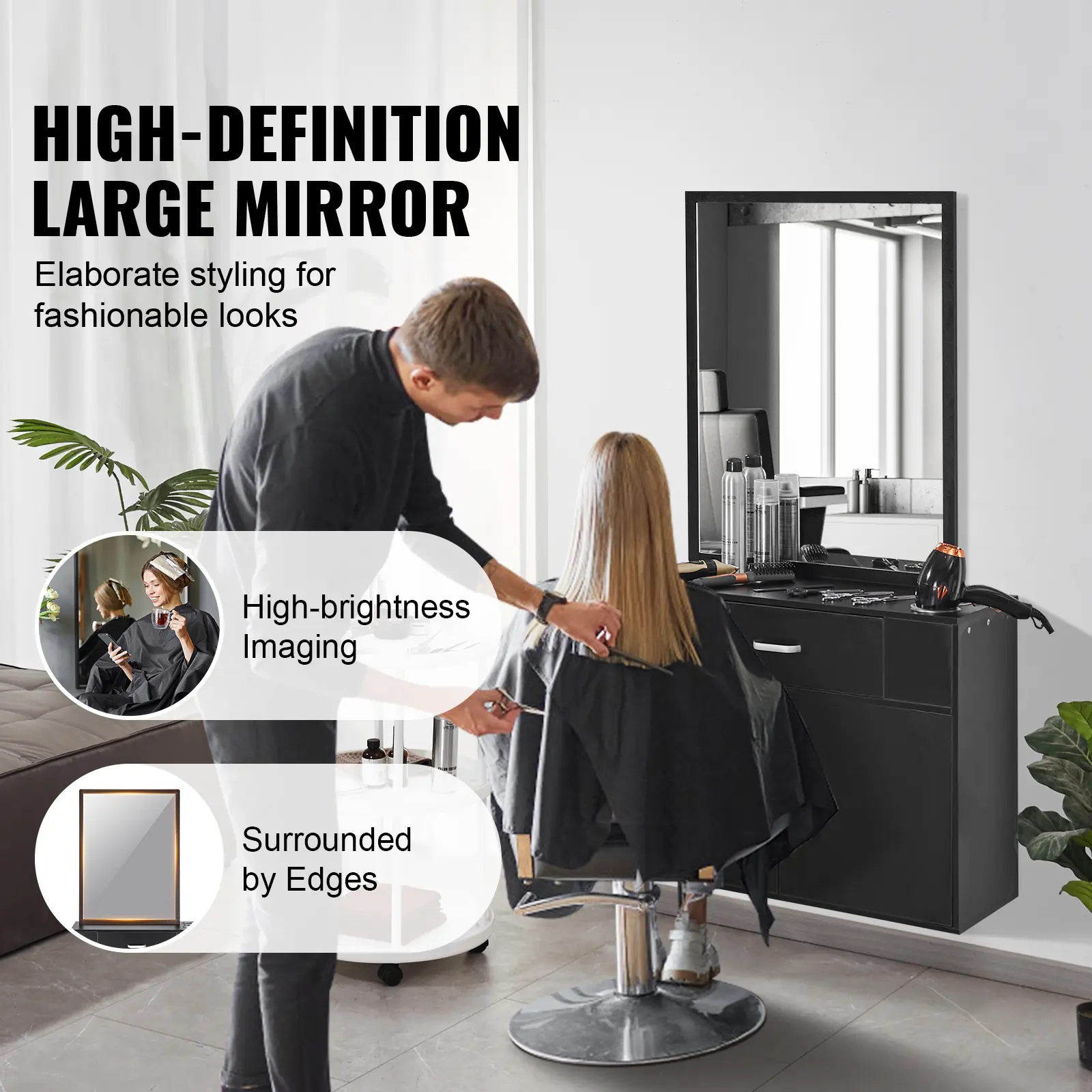 SucceBuy Salon Organizer Wall-Hanging Unit for Hairdressers Complete with 3 Holders Mirrors Dual-Door Storage and Single Drawer