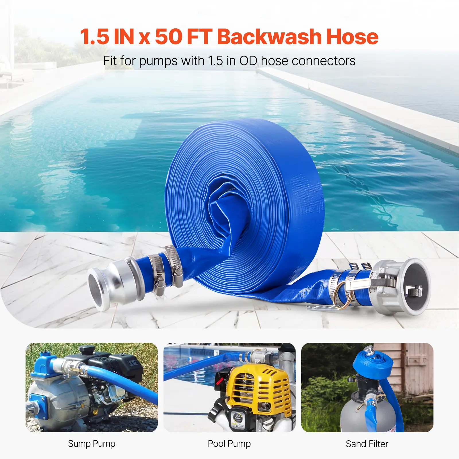 SucceBuy Backwash Hose 1.5in/2in/3in x 50ft/100ft PVC Hose with Clamps, Camlock, Aluminum Fittings, Fit Various Pumps Purposes