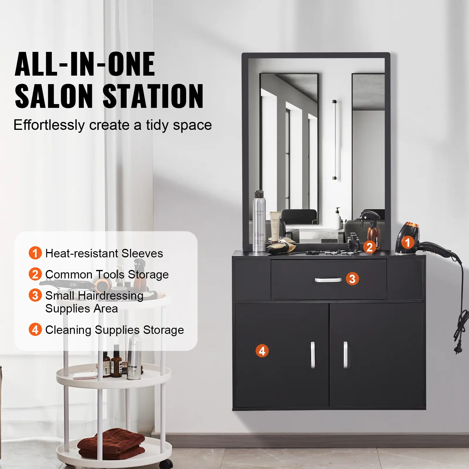SucceBuy Salon Organizer Wall-Hanging Unit for Hairdressers Complete with 3 Holders Mirrors Dual-Door Storage and Single Drawer