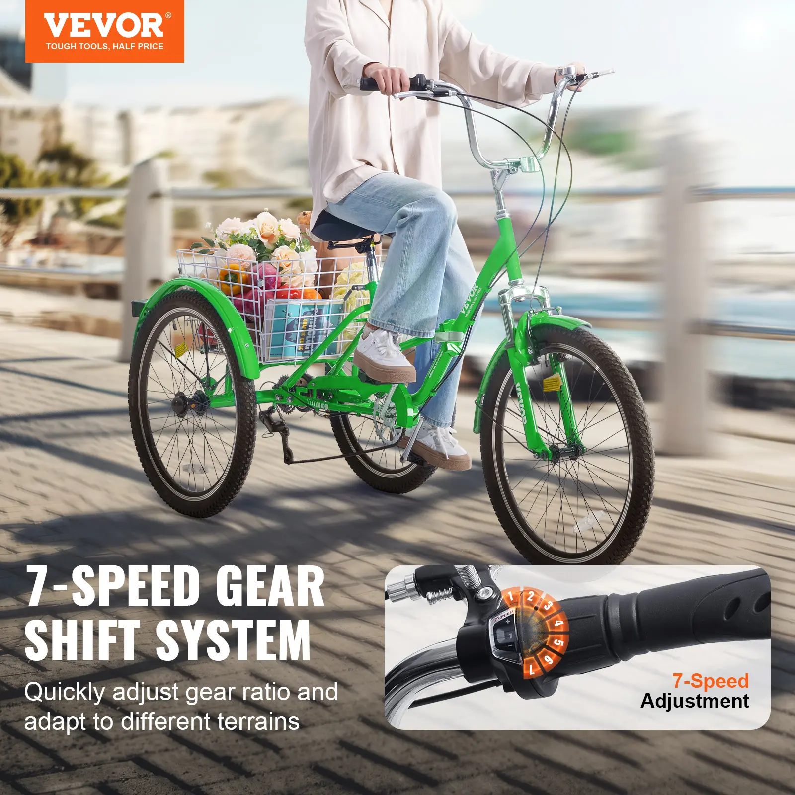 VEVOR 20/24/26inch Folding Adult Tricycle 7 Speed Carbon Steel 3 Wheels with Basket Adjustable Seat Shopping Picnic For Seniors