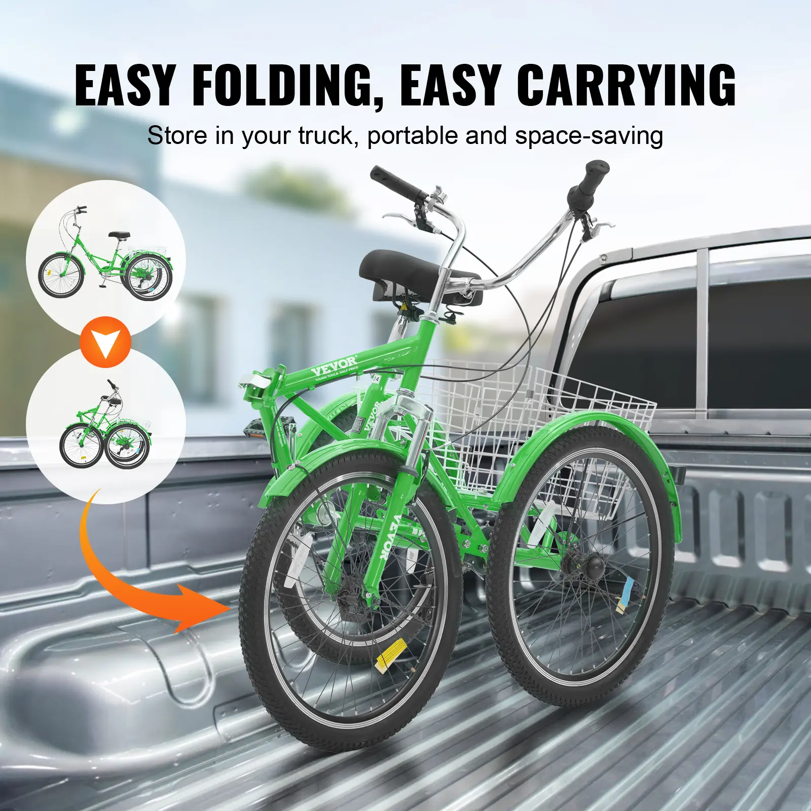 VEVOR 20/24/26inch Folding Adult Tricycle 7 Speed Carbon Steel 3 Wheels with Basket Adjustable Seat Shopping Picnic For Seniors