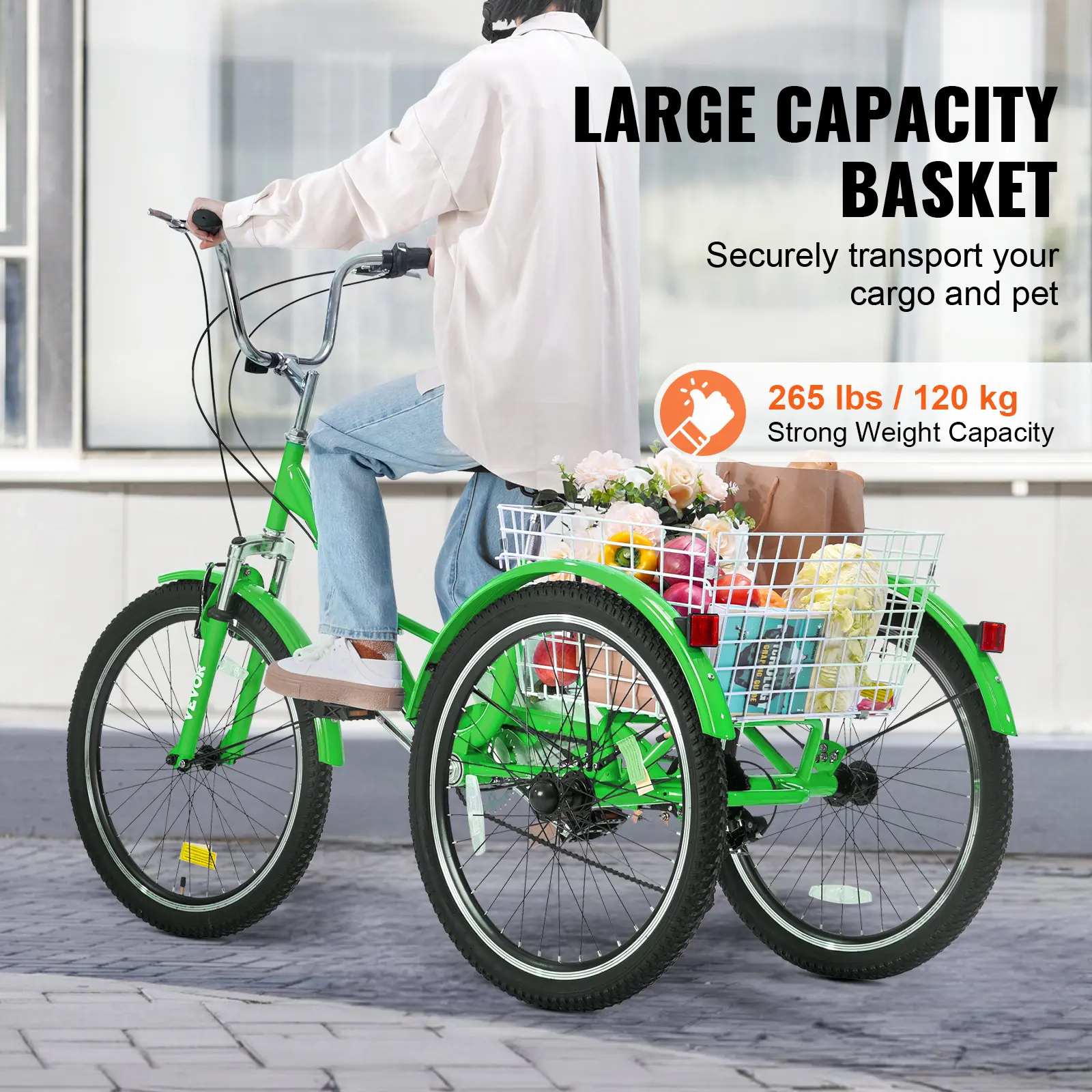 VEVOR 20/24/26inch Folding Adult Tricycle 7 Speed Carbon Steel 3 Wheels with Basket Adjustable Seat Shopping Picnic For Seniors