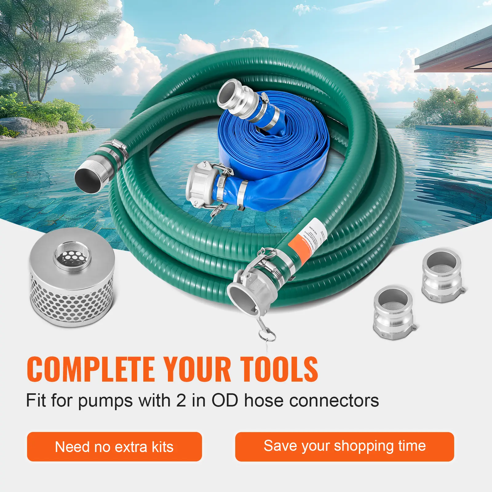 SucceBuy Suction Hose Kit 2inx50ft / 2inx65ft Blue Backwash Hose, 20ft Green Suction Hose & Multiple Accessories for Water Pump