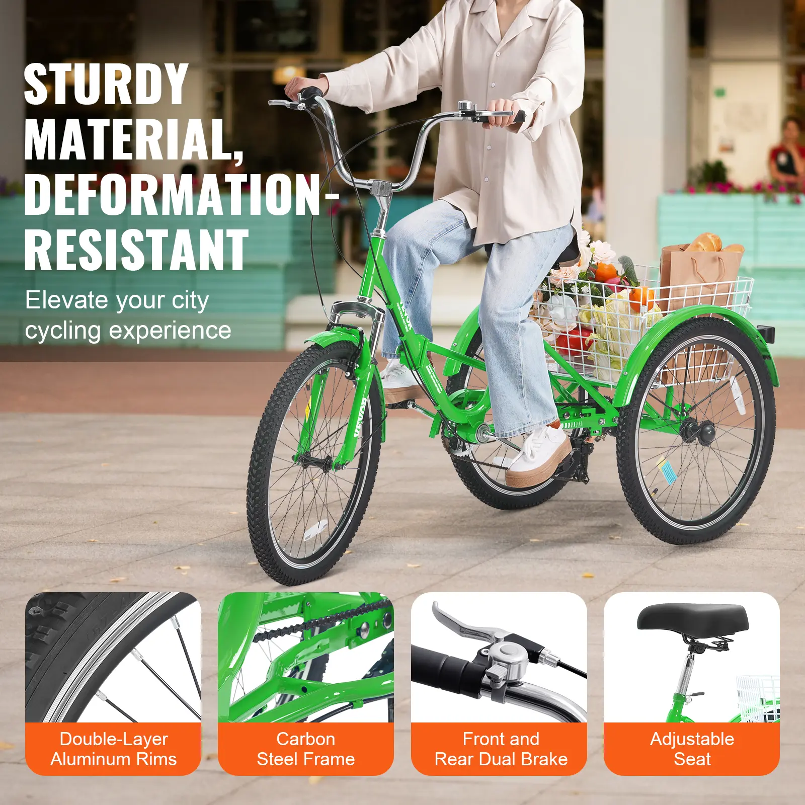 VEVOR 20/24/26inch Folding Adult Tricycle 7 Speed Carbon Steel 3 Wheels with Basket Adjustable Seat Shopping Picnic For Seniors