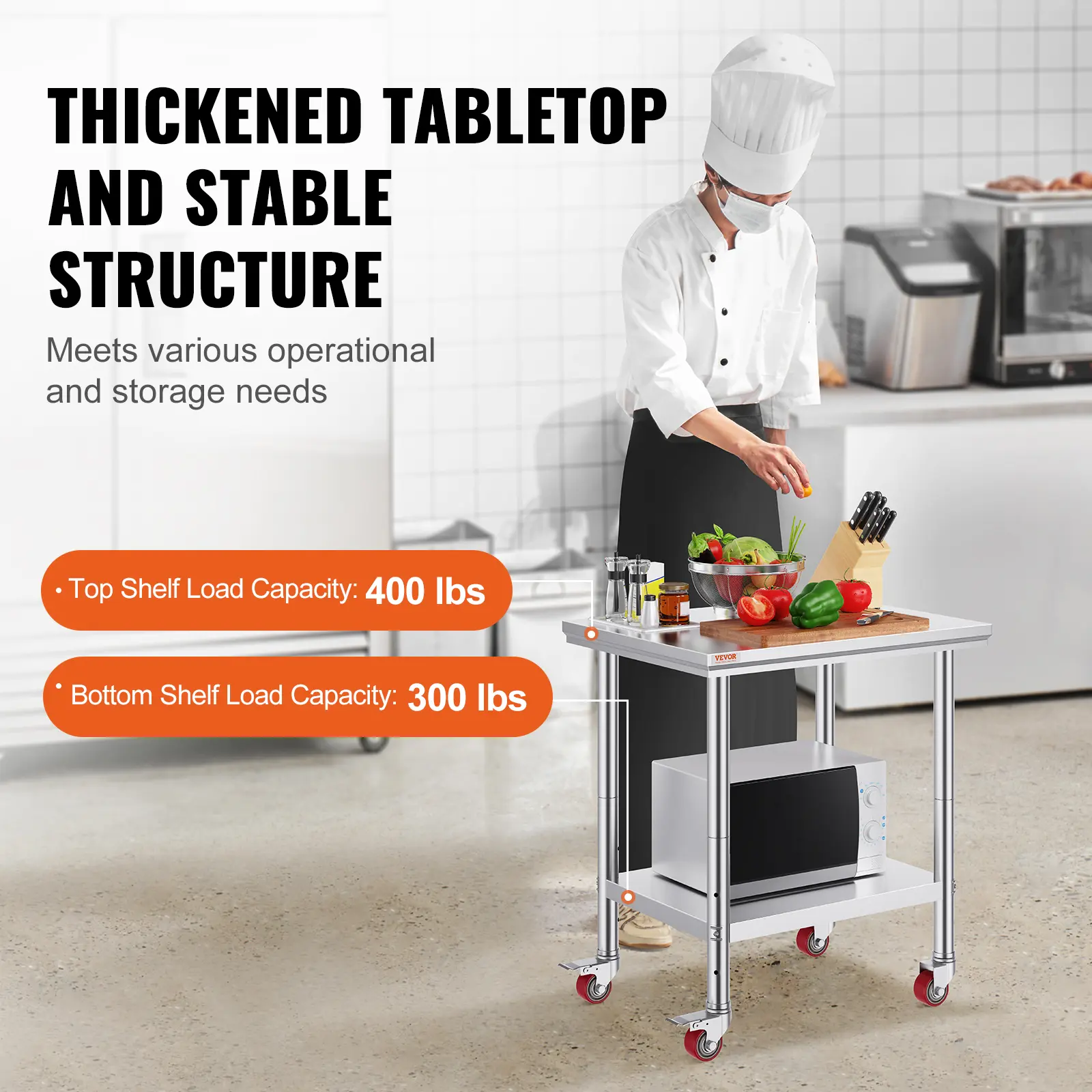 VEVOR Stainless Steel Work Table with 4 Wheels 3 Adjustable Height Levels Heavy Duty Food Prep Worktable for Commercial  Hotel
