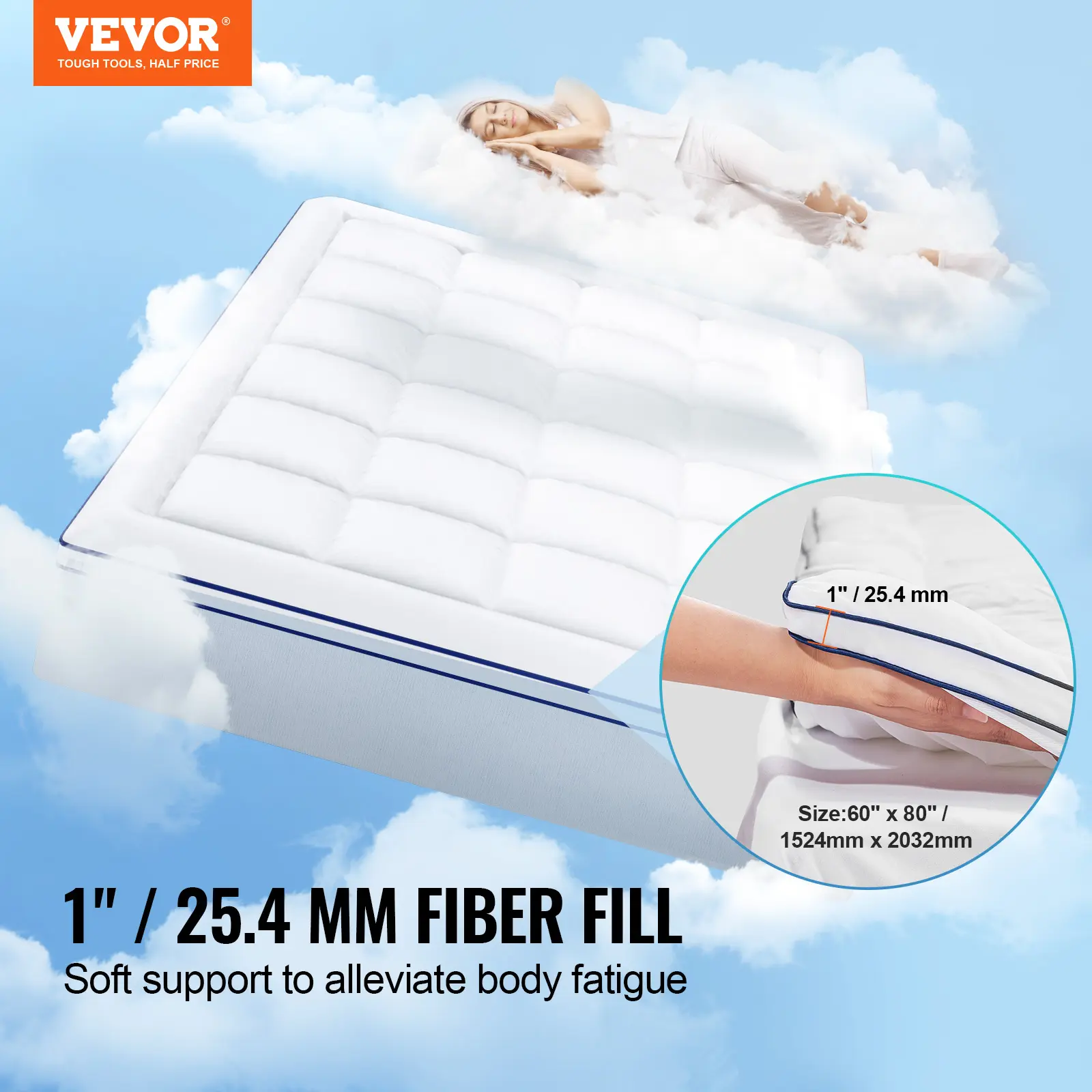 VEVOR Mattress Topper 1" Thickness Fiber Fill Pad with Detachable & Washable Layer, Detachable Bedside Pocket for Holding Items