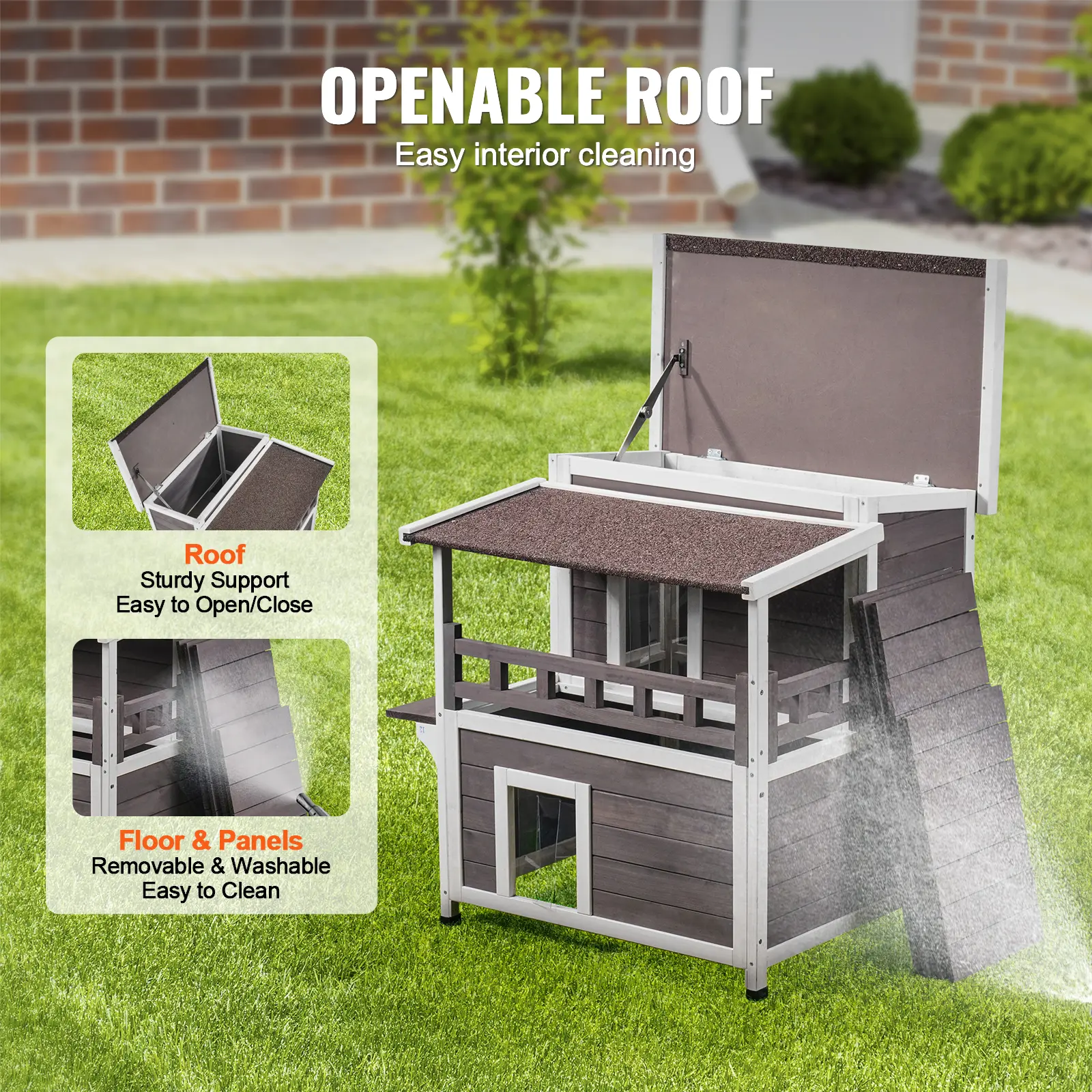 SucceBuy Outdoor Cat House Weatherproof Feral Cat Shelter 2-story Large Outdoor Wooden Cat House with Balcony Door and Open Roof