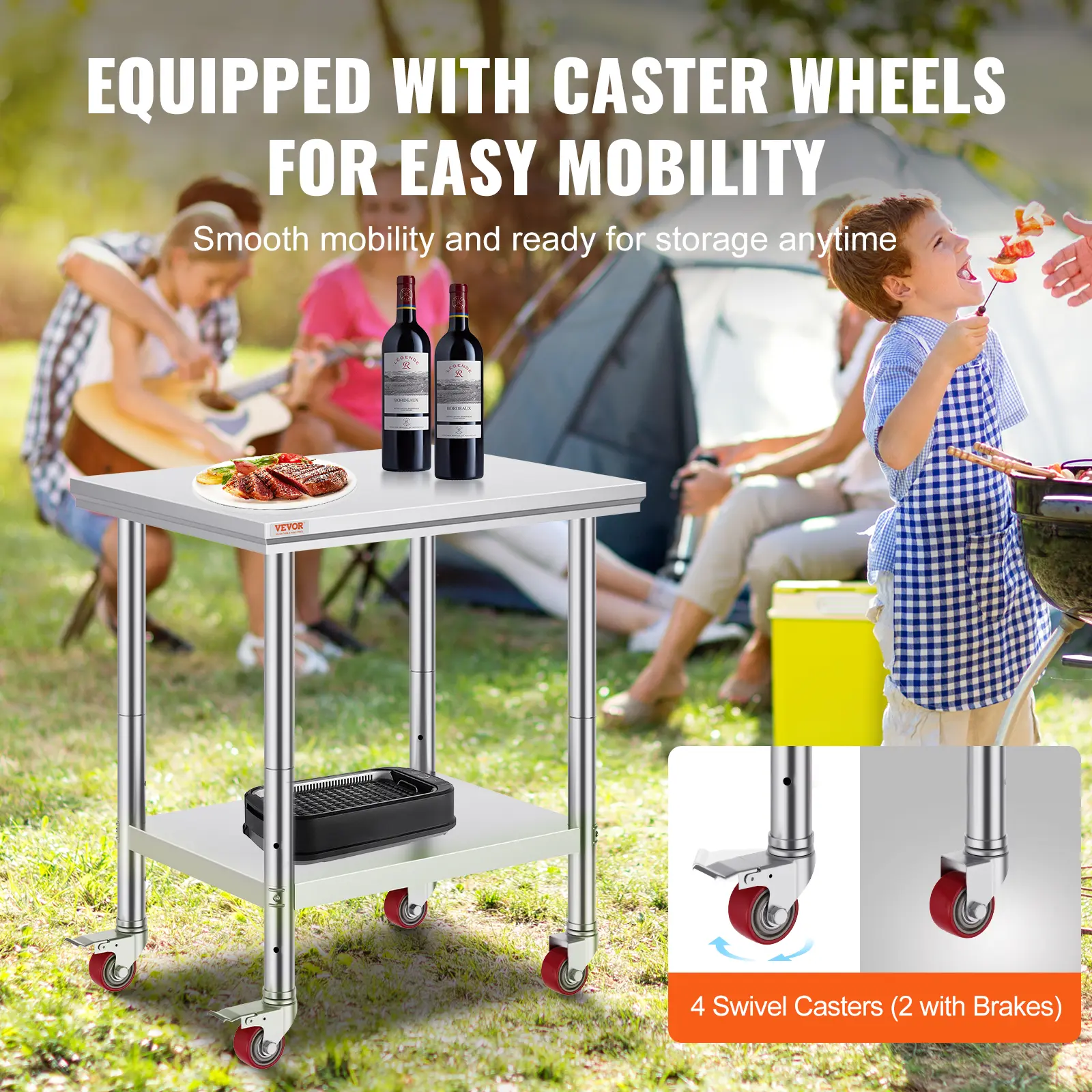 VEVOR Stainless Steel Work Table with 4 Wheels 3 Adjustable Height Levels Heavy Duty Food Prep Worktable for Commercial  Hotel