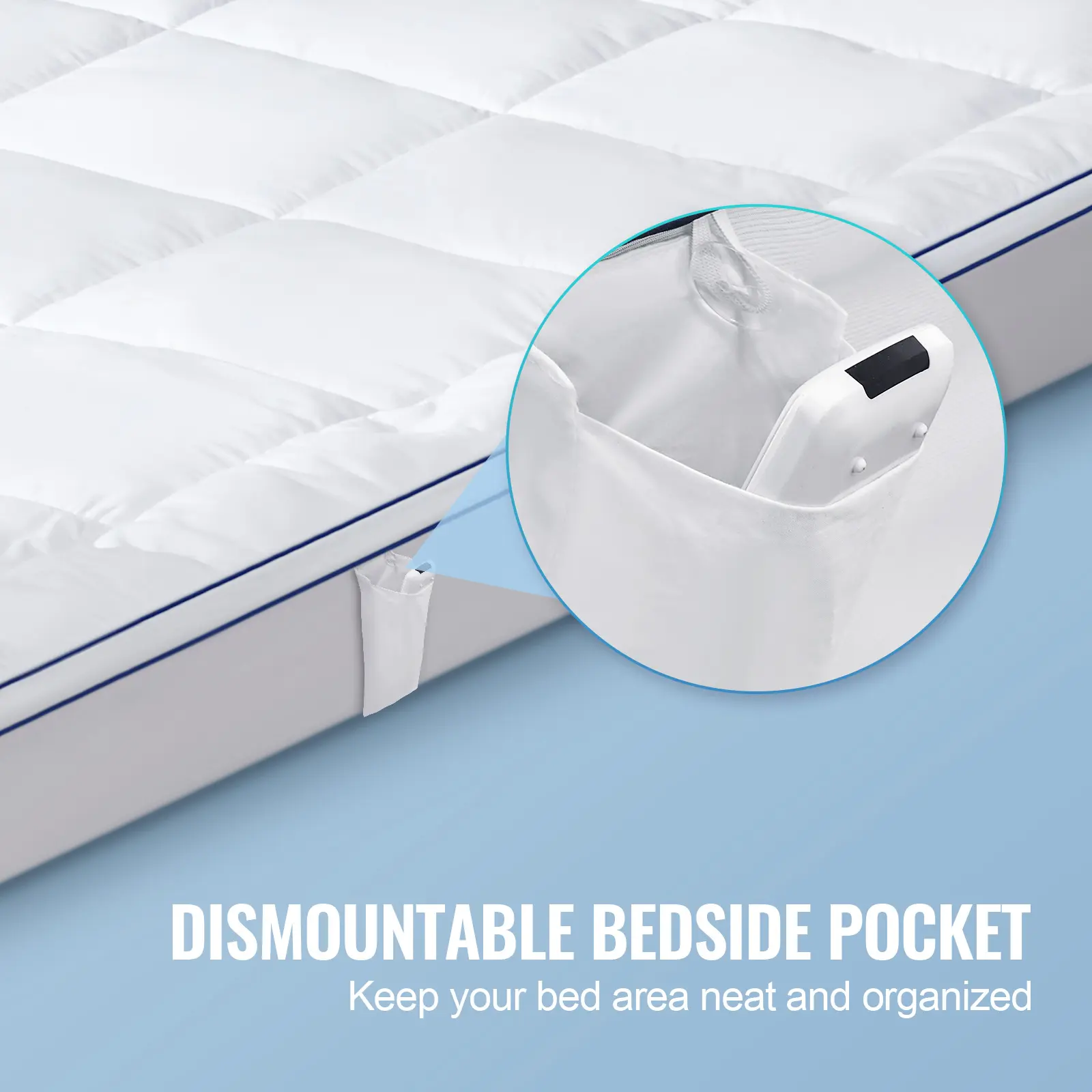 VEVOR Mattress Topper 1" Thickness Fiber Fill Pad with Detachable & Washable Layer, Detachable Bedside Pocket for Holding Items