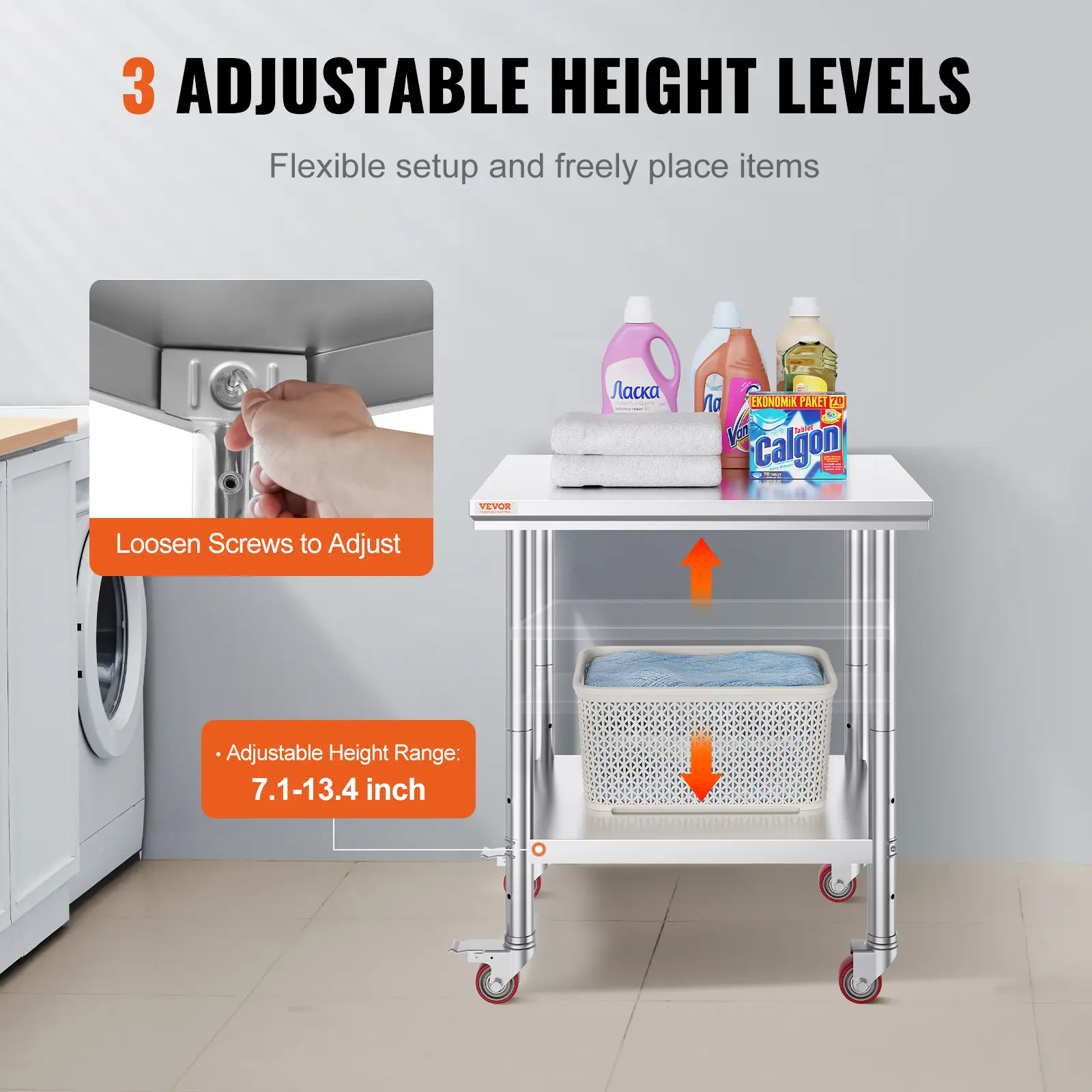 VEVOR Stainless Steel Work Table with 4 Wheels 3 Adjustable Height Levels Heavy Duty Food Prep Worktable for Commercial  Hotel