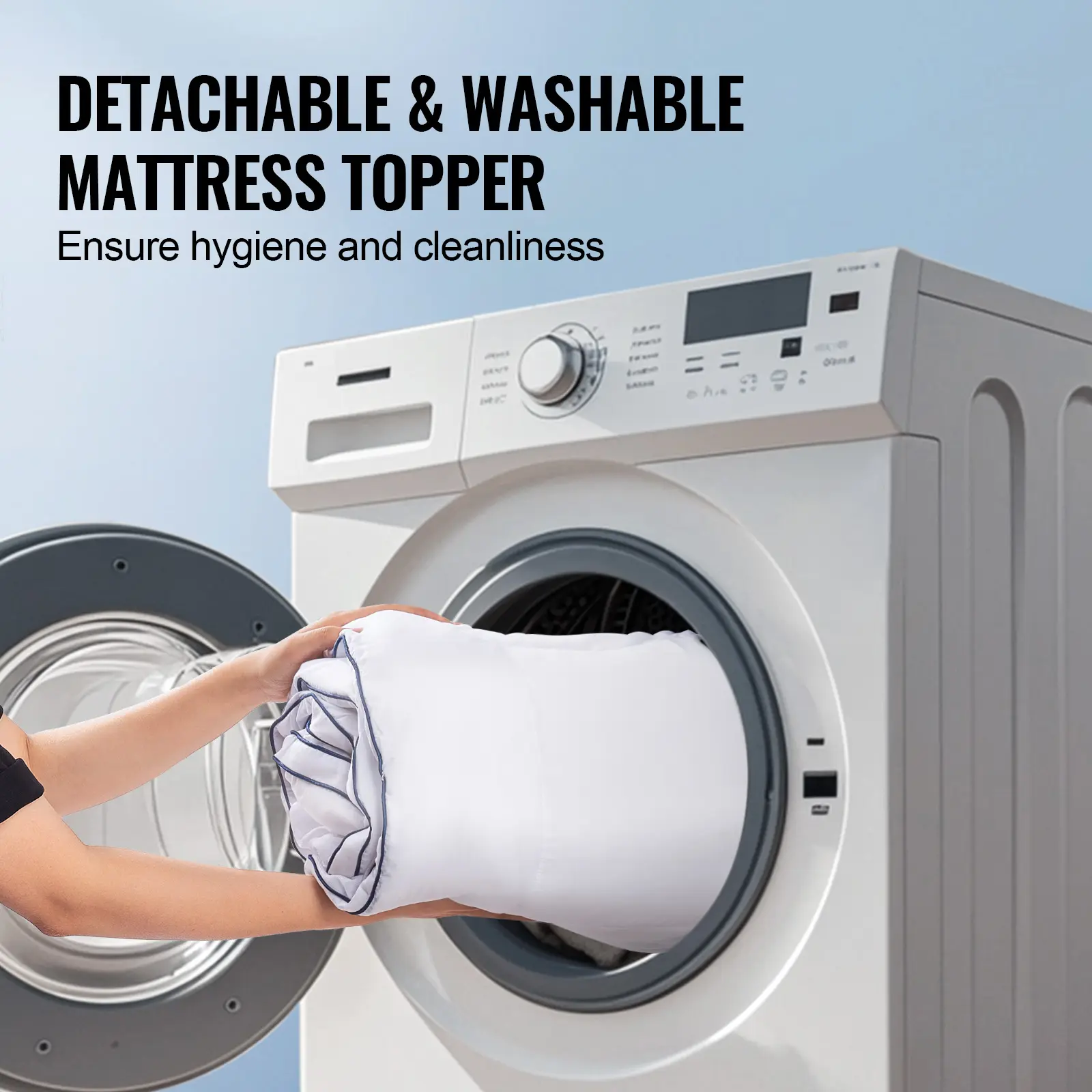 VEVOR Mattress Topper 1" Thickness Fiber Fill Pad with Detachable & Washable Layer, Detachable Bedside Pocket for Holding Items