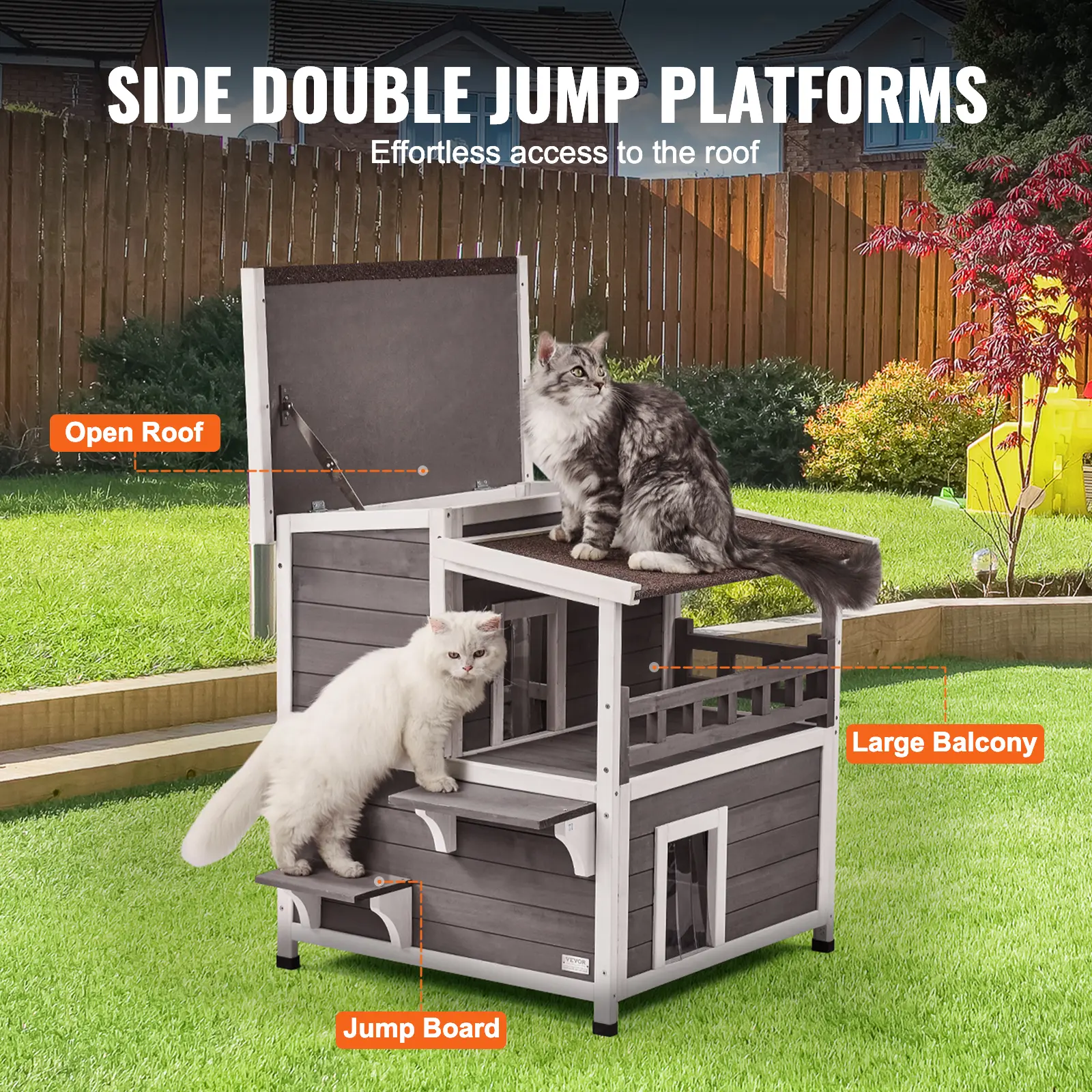 SucceBuy Outdoor Cat House Weatherproof Feral Cat Shelter 2-story Large Outdoor Wooden Cat House with Balcony Door and Open Roof