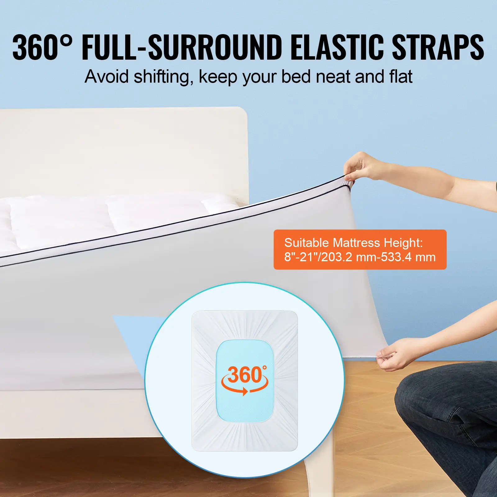 VEVOR Mattress Topper 1" Thickness Fiber Fill Pad with Detachable & Washable Layer, Detachable Bedside Pocket for Holding Items