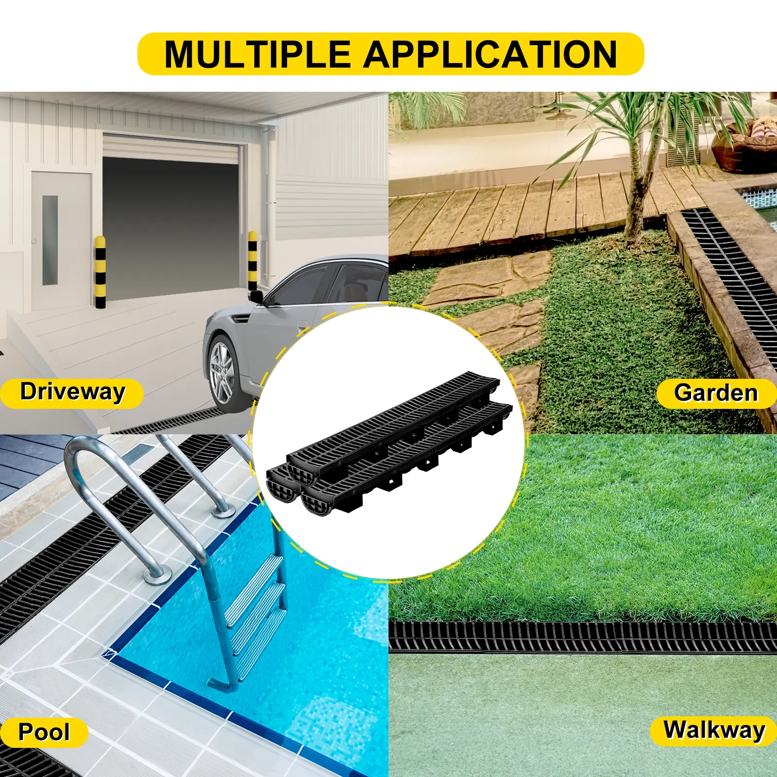 SucceBuy Drainage Trench Driveway Channel Drain With Plastic Grate 3-5 Pack HDPE Floor Drain Trench Drain Grate For Garden