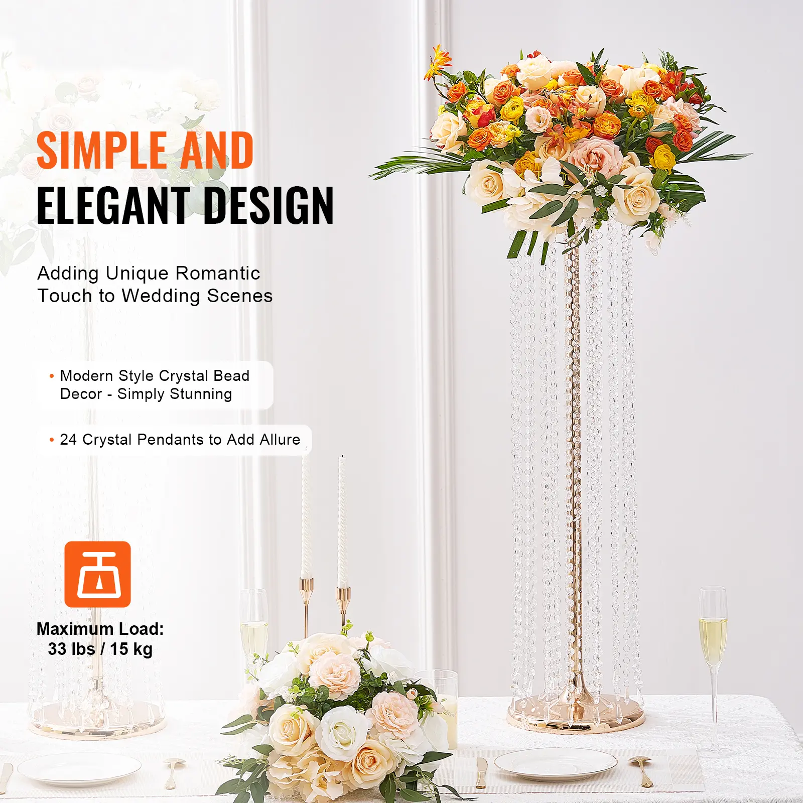 SucceBuy 2PCS Crystal Wedding Flowers Stand Crystal Gold Vase Metal Perfect for T-stage Party Ceremony Dinner Event Hotel