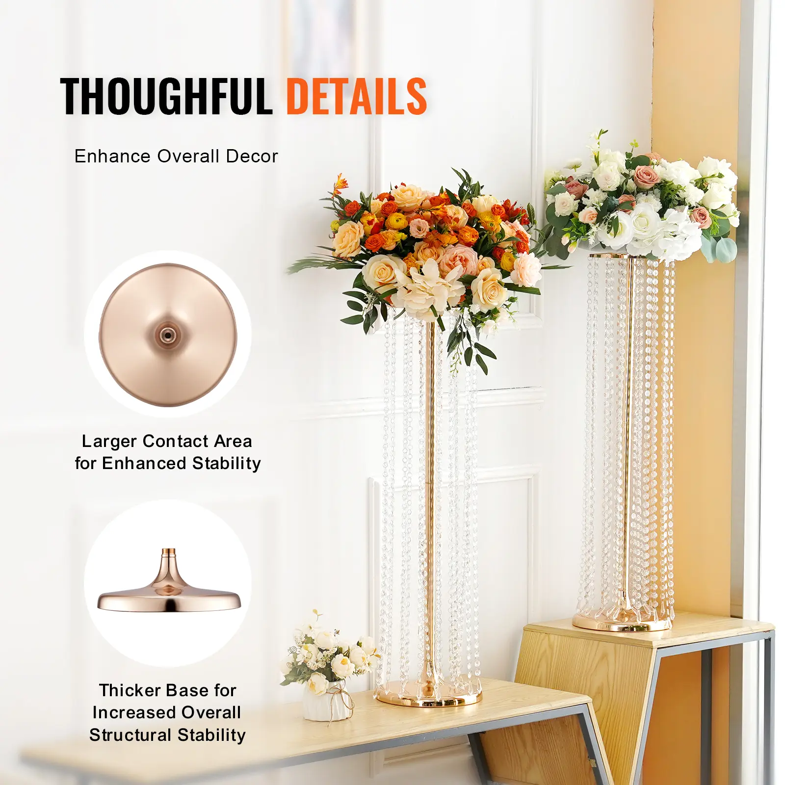 SucceBuy 2PCS Crystal Wedding Flowers Stand Crystal Gold Vase Metal Perfect for T-stage Party Ceremony Dinner Event Hotel