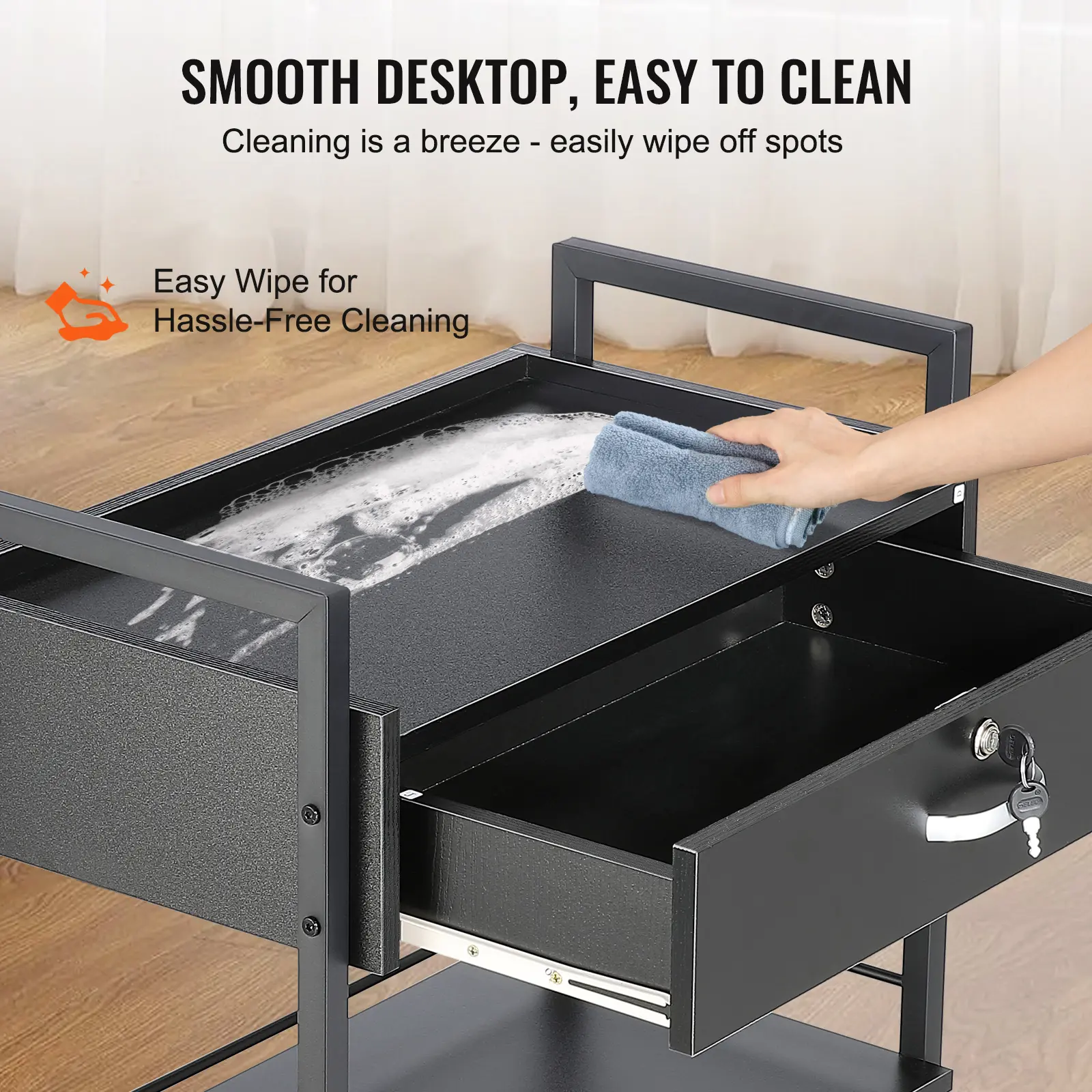 SucceBuy Beauty Salon Storage Trolley Cart, Glass Top Hair Salon Station Cabinet for Stylist with Drawer & Dryer Holder
