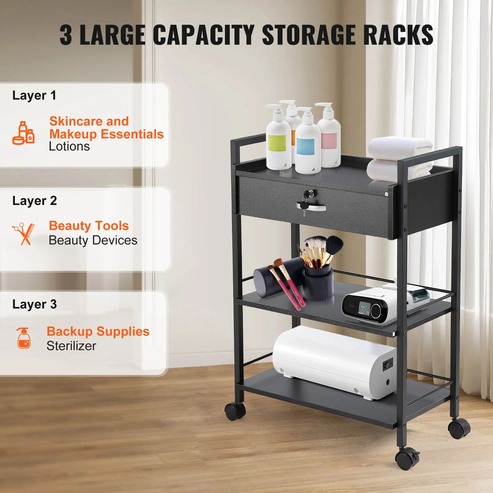 SucceBuy Beauty Salon Storage Trolley Cart, Glass Top Hair Salon Station Cabinet for Stylist with Drawer & Dryer Holder