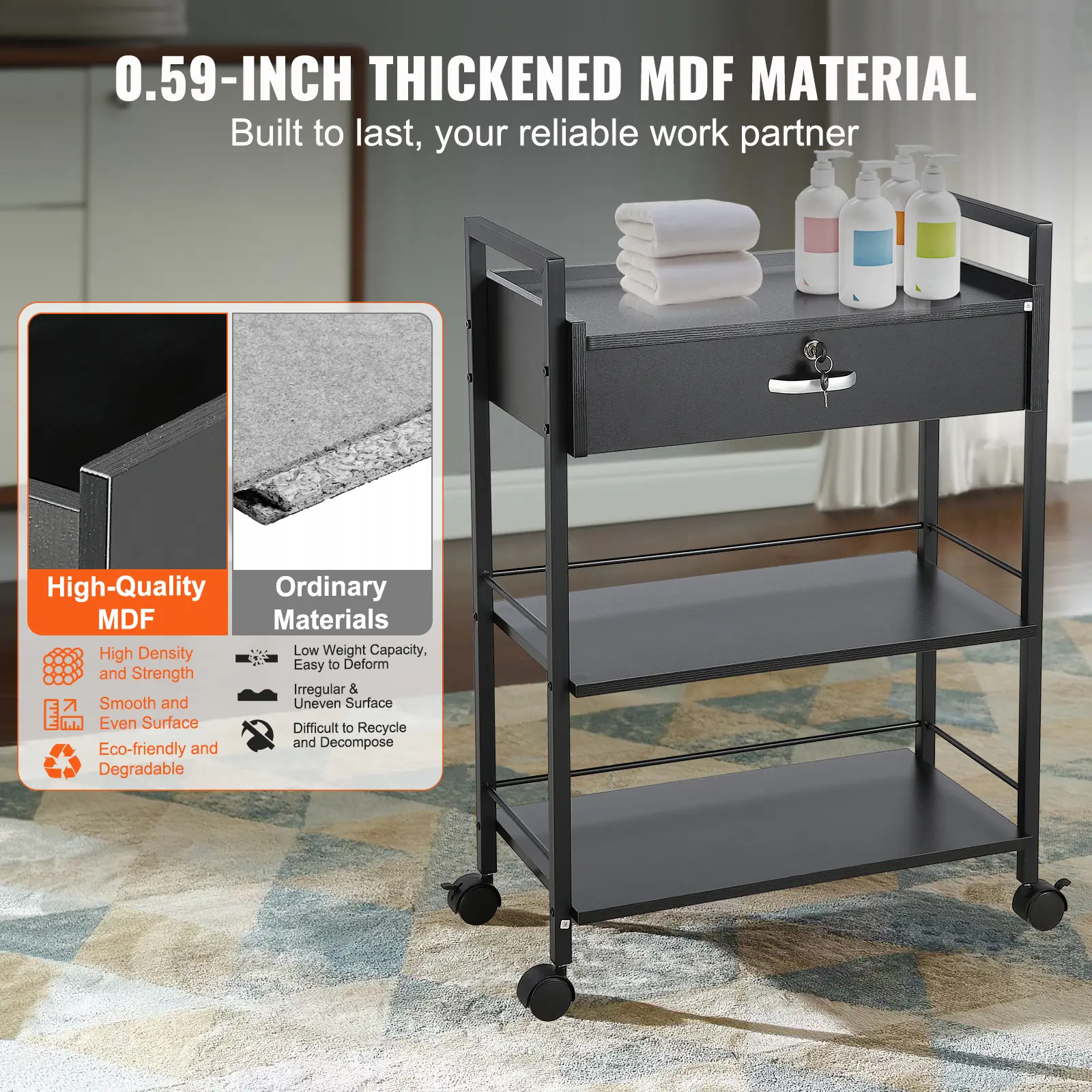 SucceBuy Beauty Salon Storage Trolley Cart, Glass Top Hair Salon Station Cabinet for Stylist with Drawer & Dryer Holder