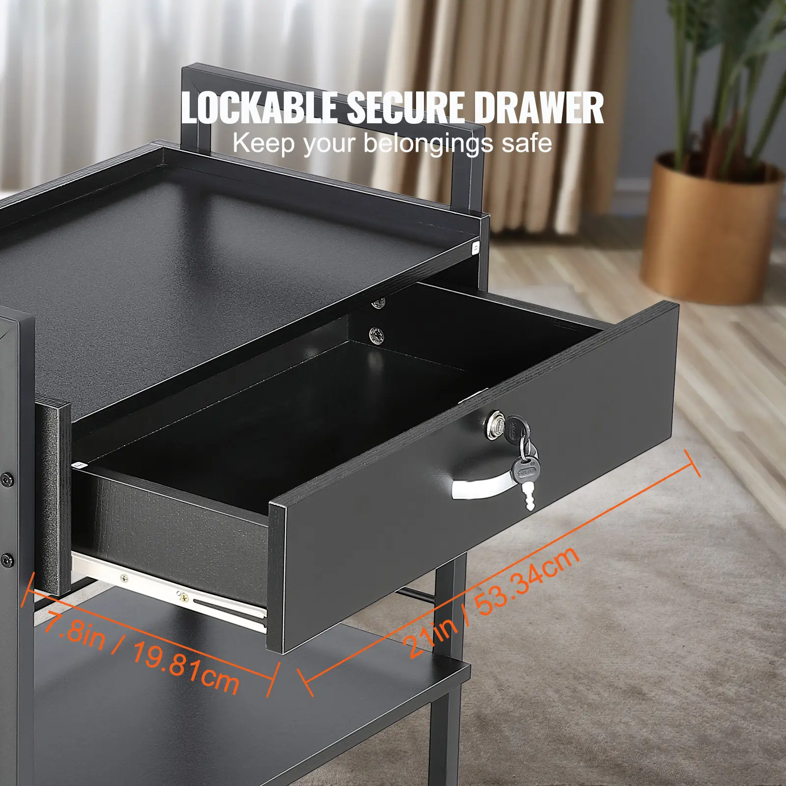 SucceBuy Beauty Salon Storage Trolley Cart, Glass Top Hair Salon Station Cabinet for Stylist with Drawer & Dryer Holder