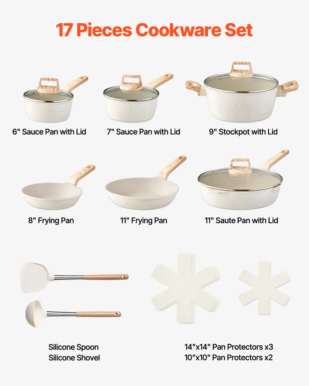 VEVOR 17 Piece Pots and Pans Set Granite Nonstick Cookware Set Induction Cookwares Kitchen RV Cooking Sets with Pan Protectors